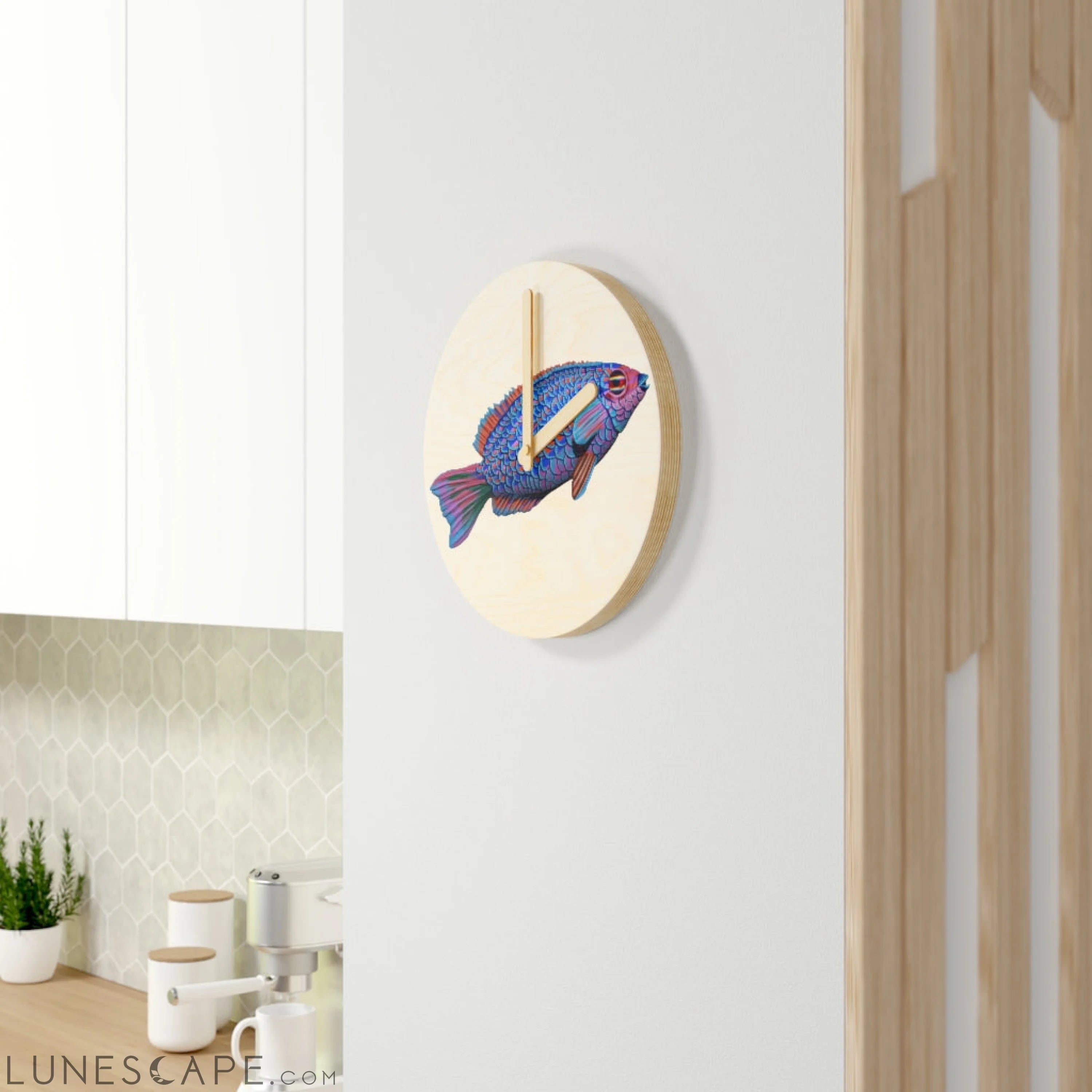 Blue Fish Wooden Wall Clock LUNESCAPE