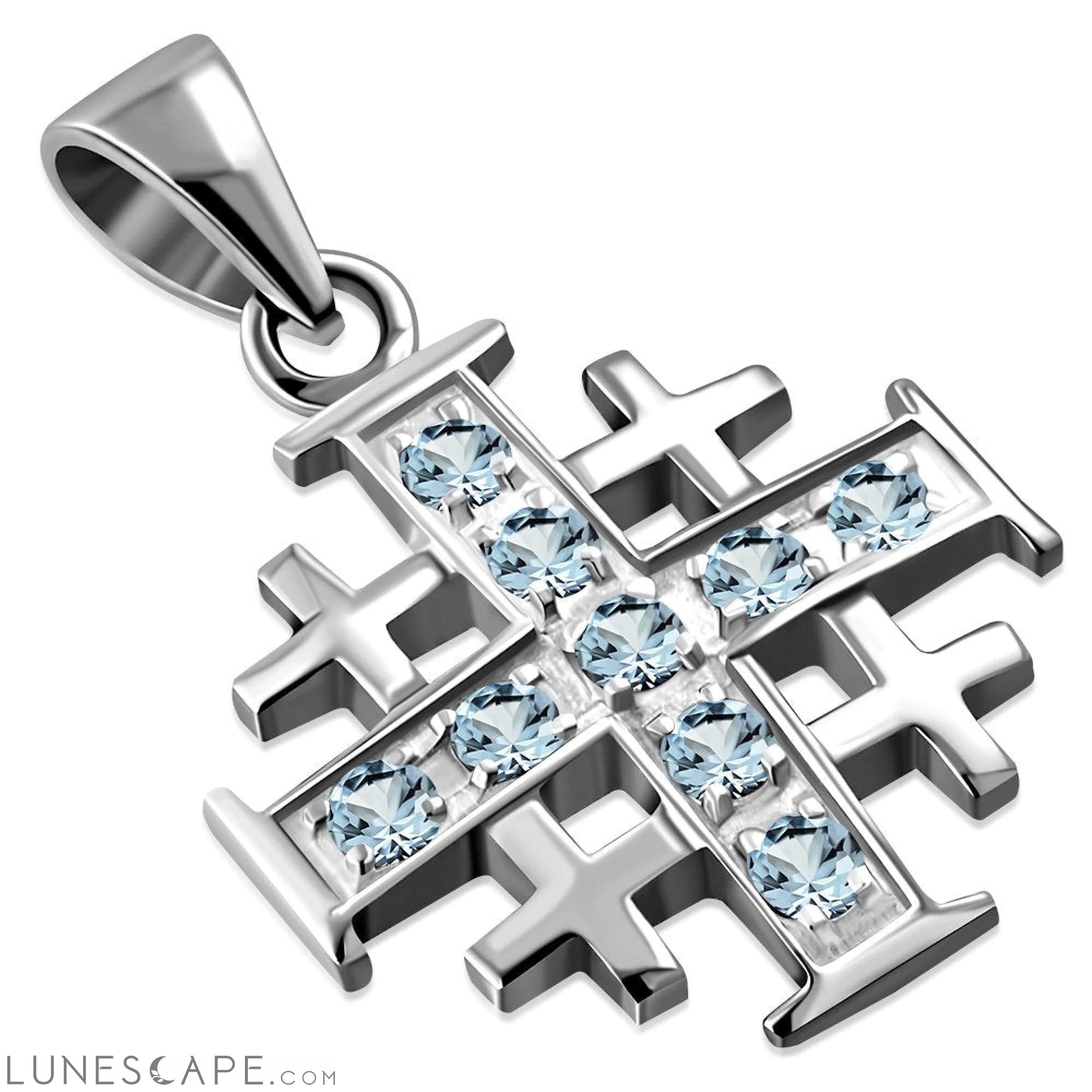 Blue Topaz CZ Jerusalem Cross Silver Pendant LUNESCAPE