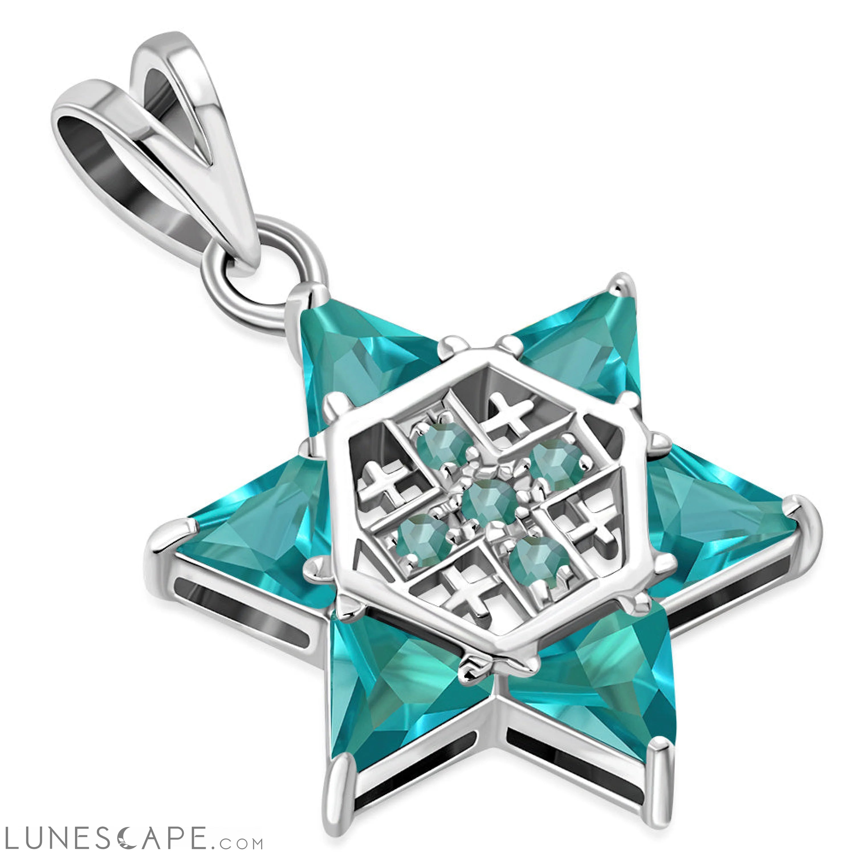 Blue Topaz CZ Jerusalem Star of David Silver Pendant LUNESCAPE