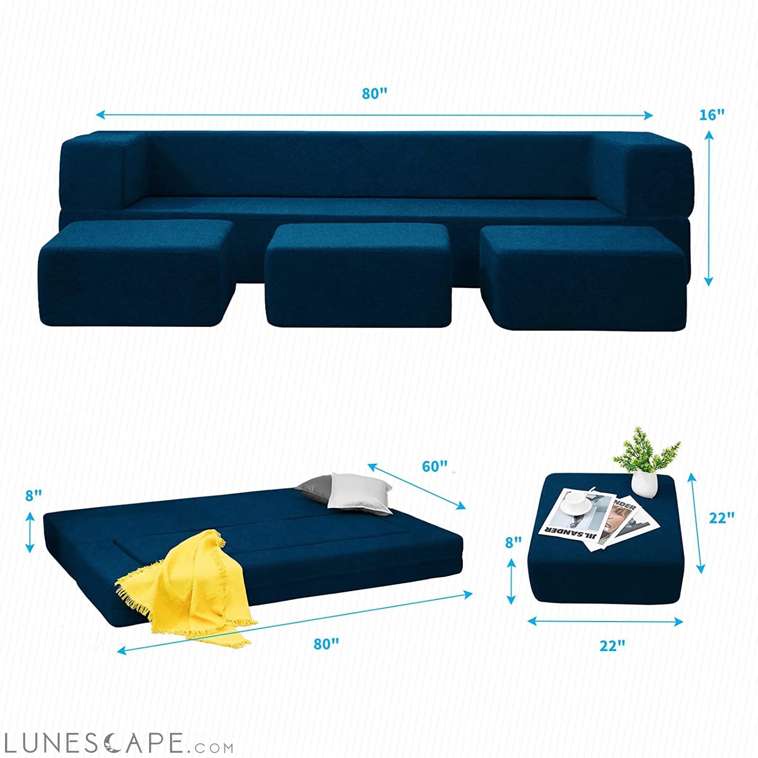 Blue Velvet Futon Sofa Bed with Ottomans LUNESCAPE