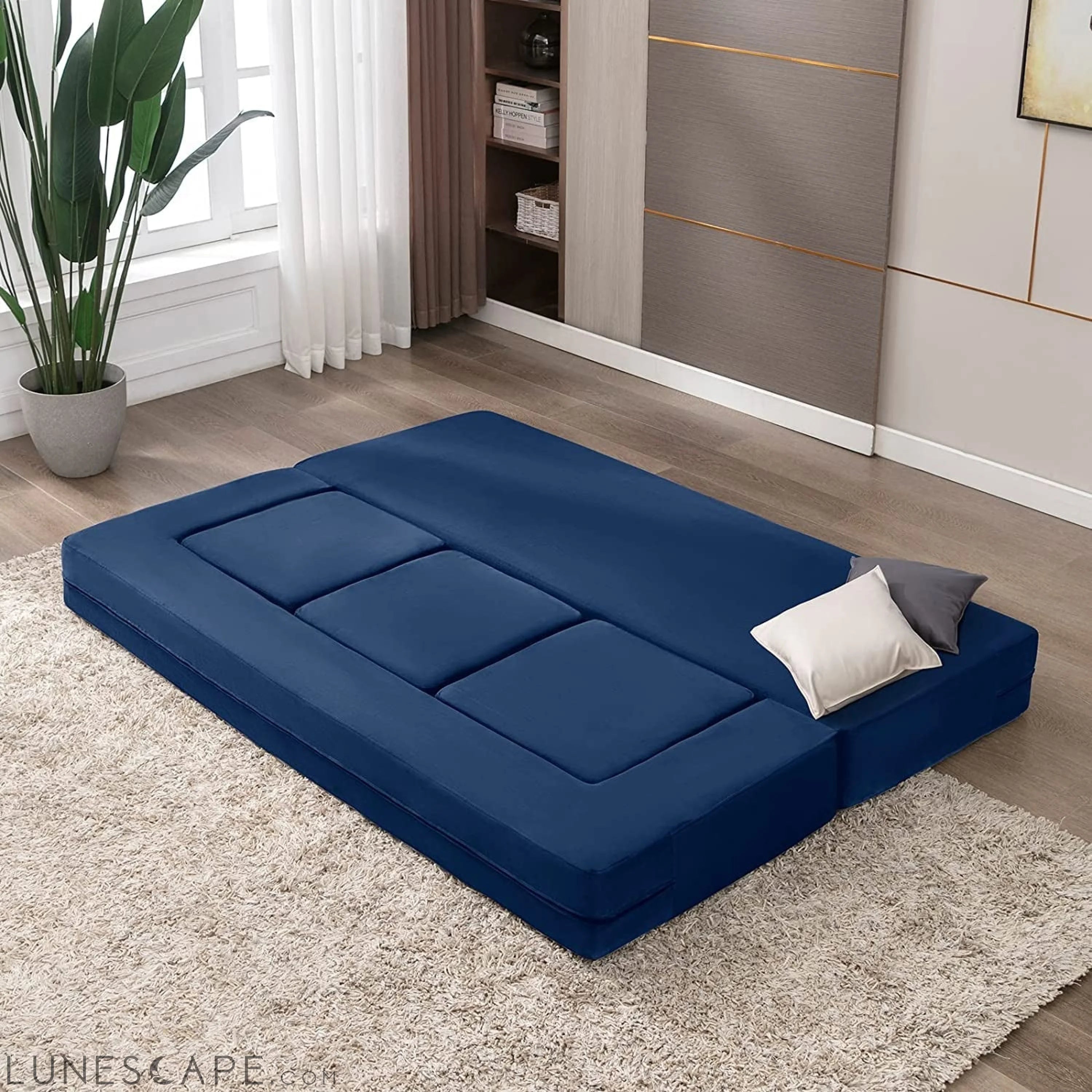 Blue Velvet Futon Sofa Bed with Ottomans LUNESCAPE
