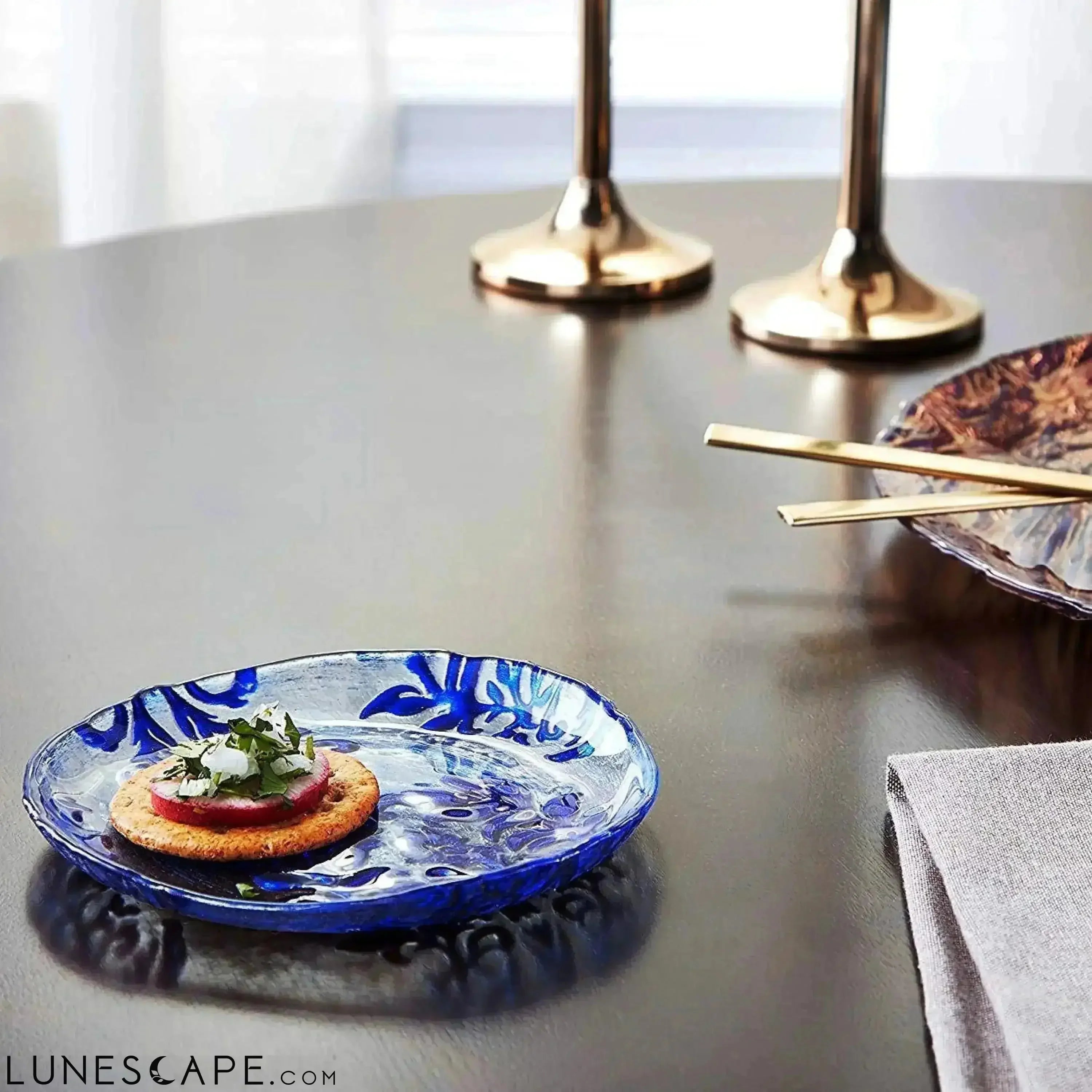 Blue Velvet Gilded Glass Canapé Plate LUNESCAPE