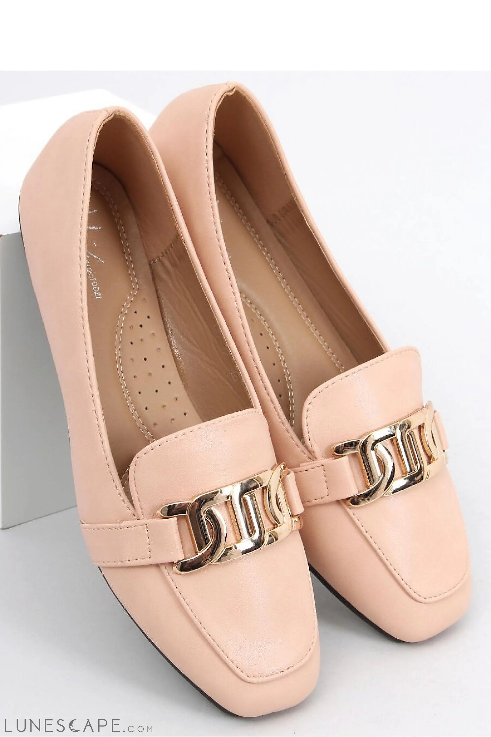Blush Eco-Leather Loafers for Women – Square-Toe Slip-Ons with Gold Chain LUNESCAPE