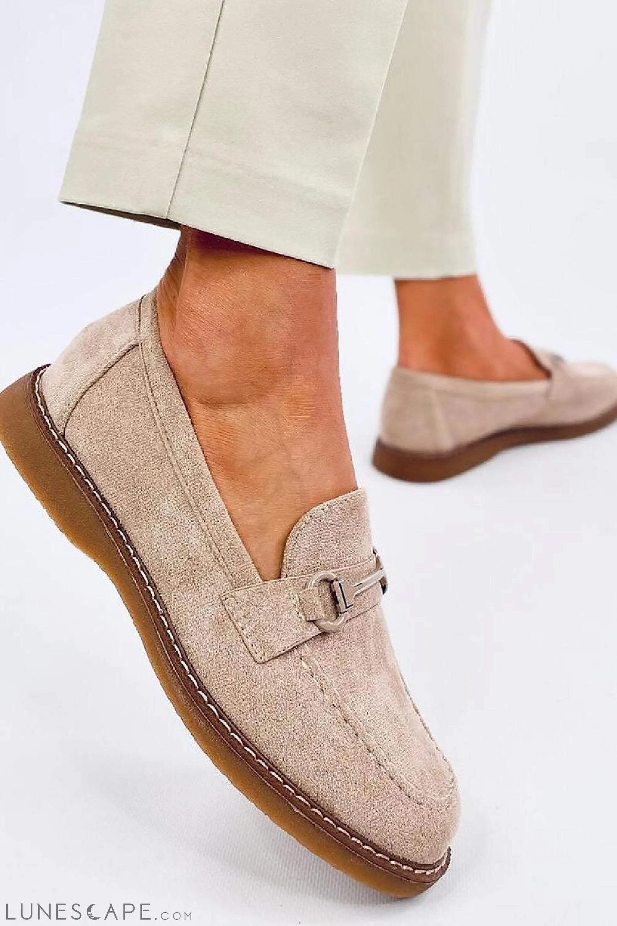 Blush Eco-Suede Loafers for Women – Almond Toe with Silver Horsebit Accent LUNESCAPE
