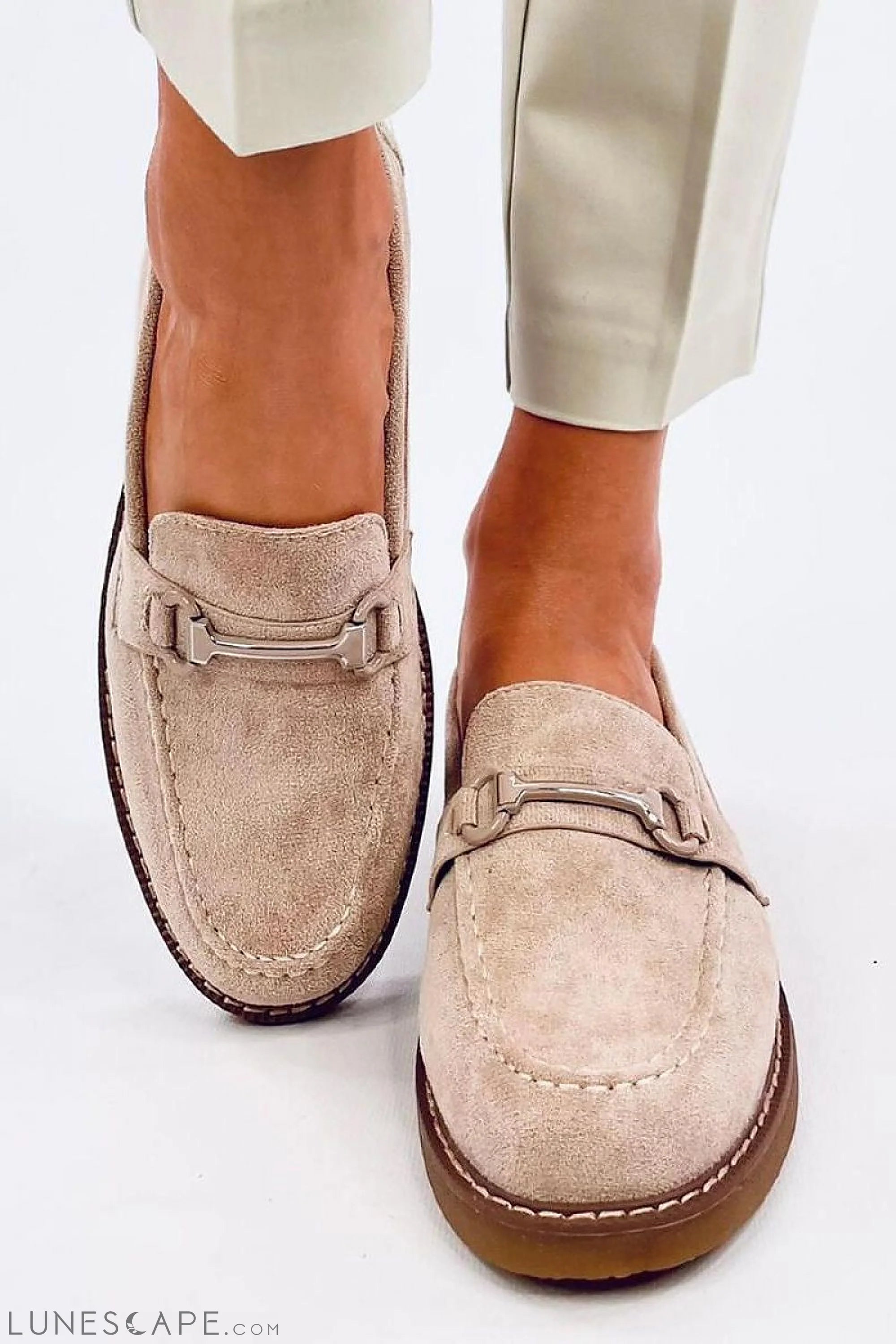 Blush Eco-Suede Loafers for Women – Almond Toe with Silver Horsebit Accent LUNESCAPE