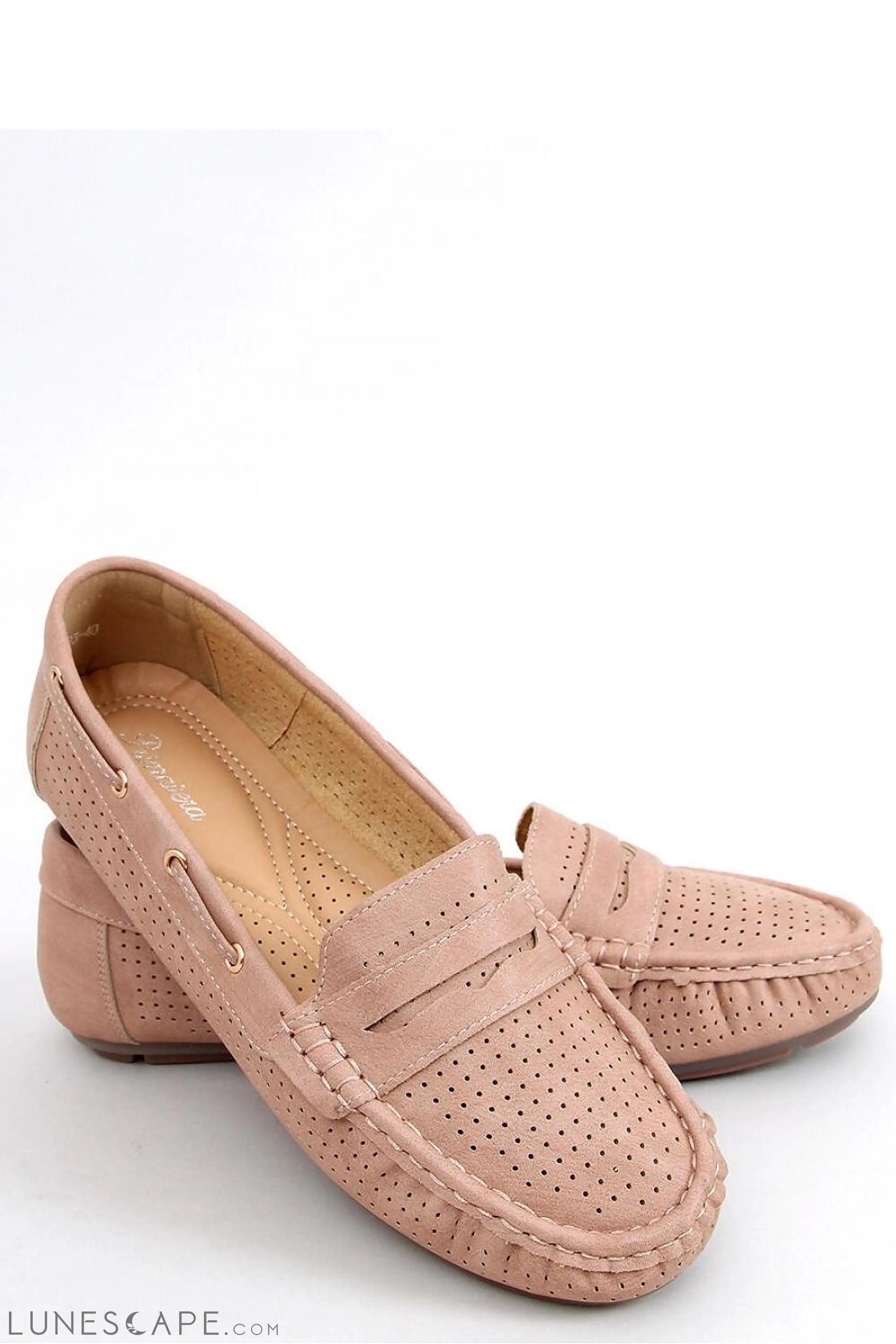 Blush Pink Perforated Suede Loafers – Women's Round Toe with Contrast Stitching LUNESCAPE