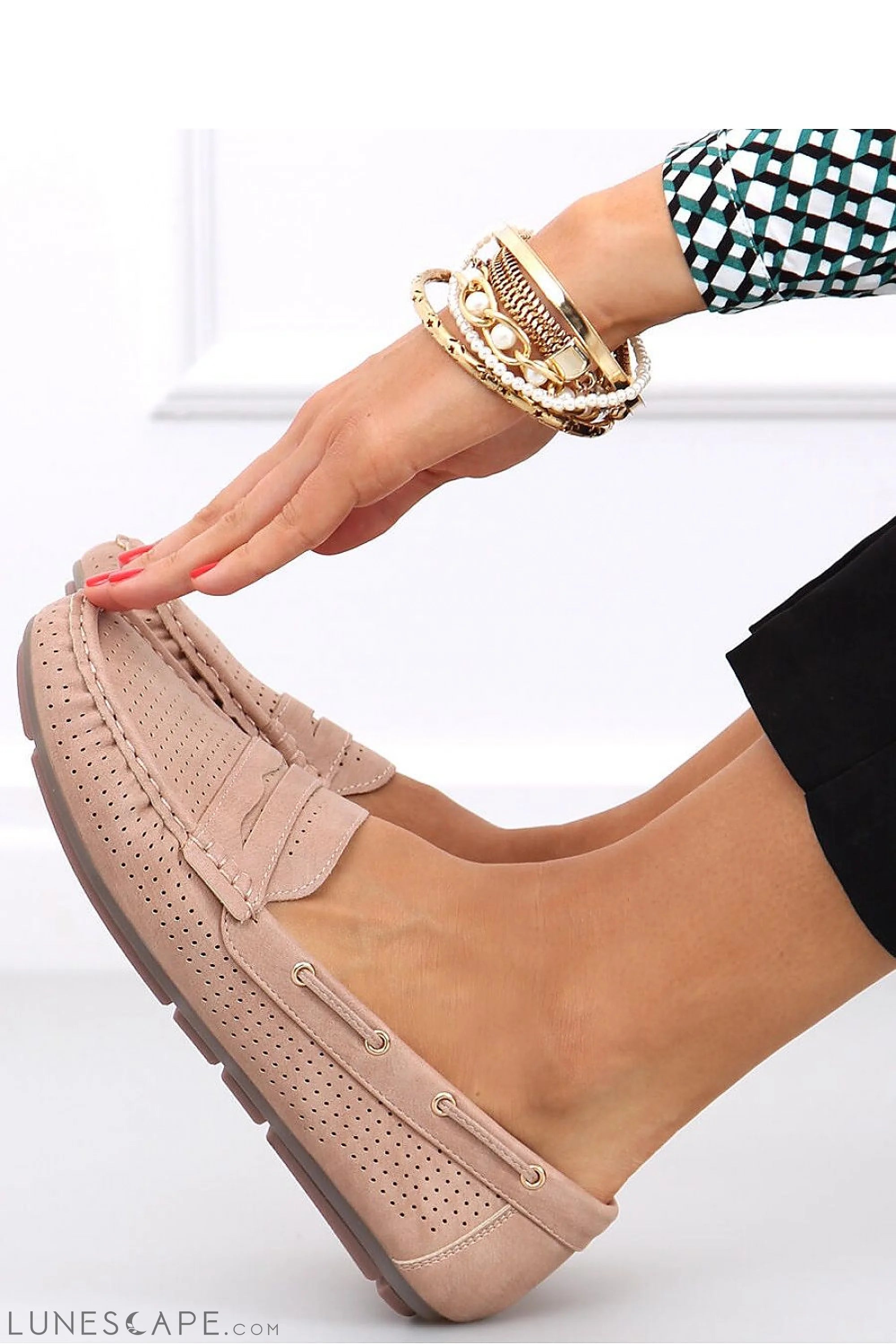Blush Pink Perforated Suede Loafers – Women's Round Toe with Contrast Stitching LUNESCAPE