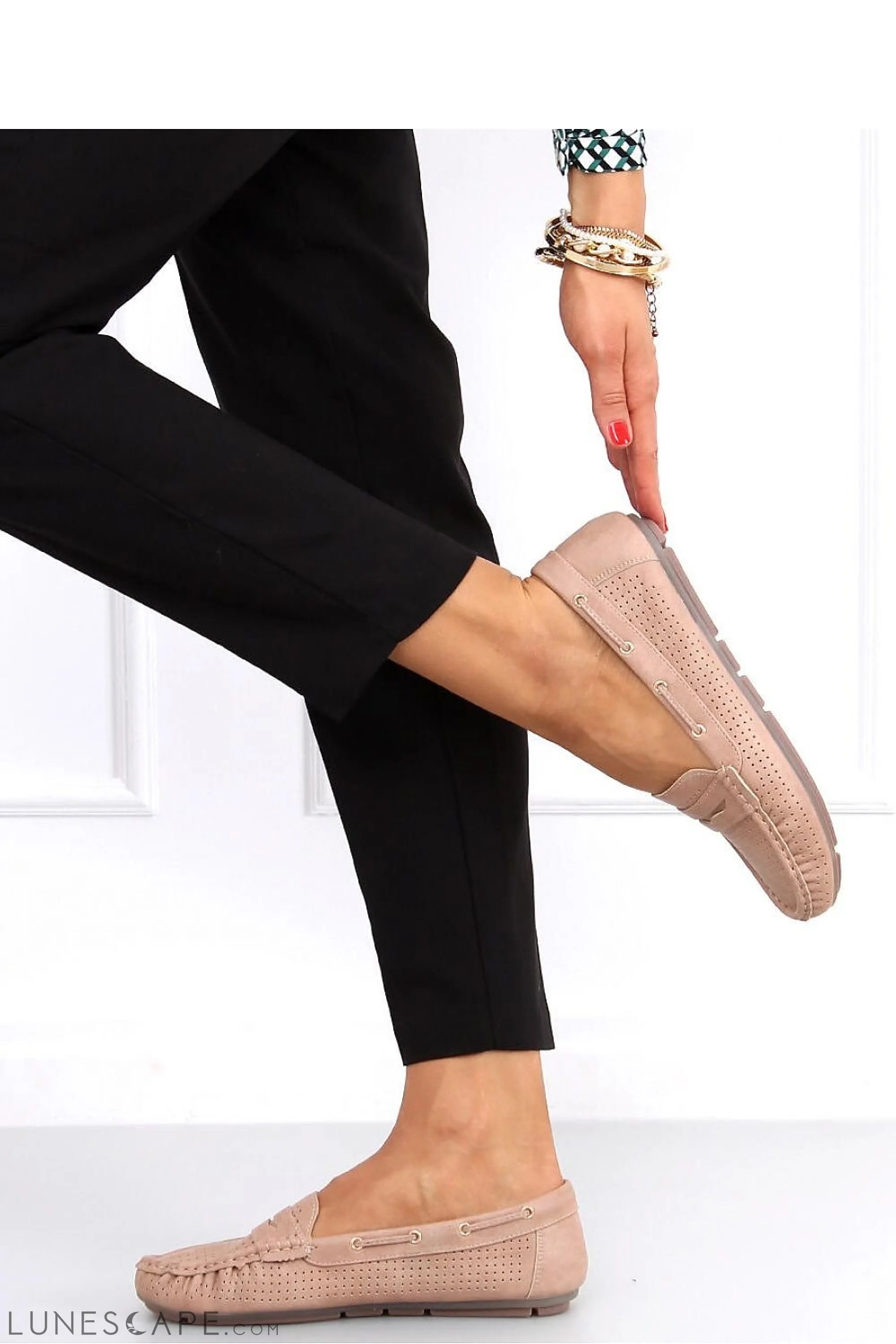 Blush Pink Perforated Suede Loafers – Women's Round Toe with Contrast Stitching LUNESCAPE
