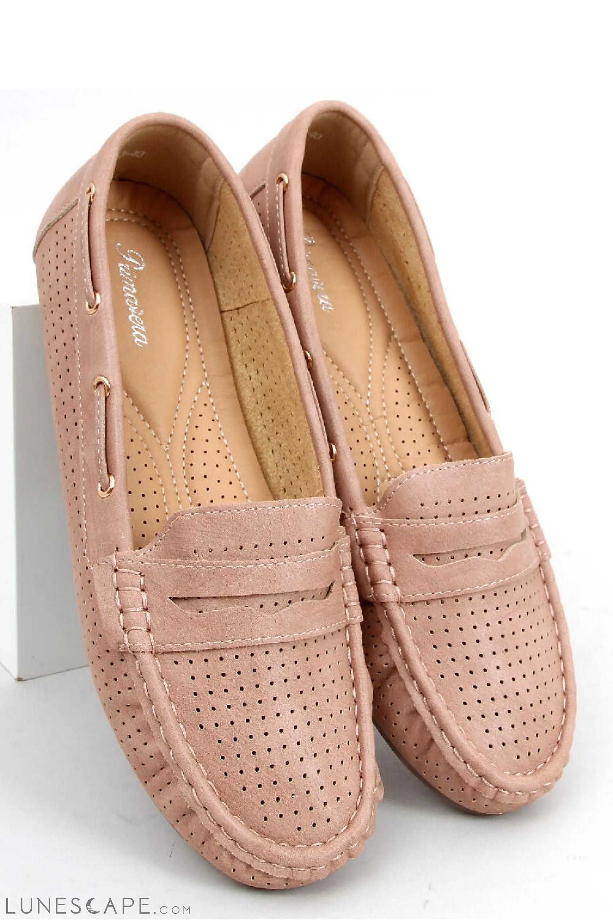 Blush Pink Perforated Suede Loafers – Women's Round Toe with Contrast Stitching LUNESCAPE