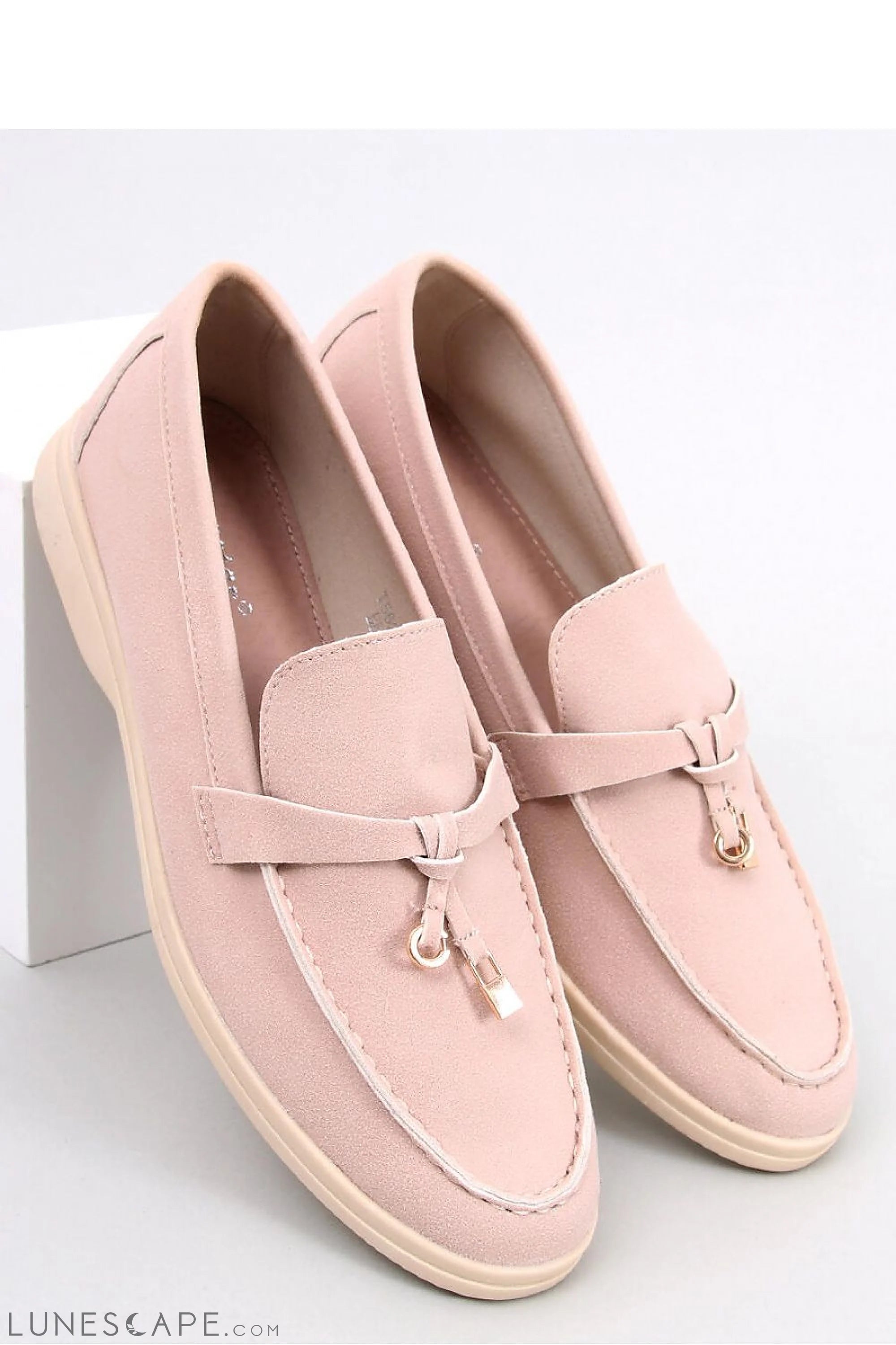 Blush Vegan Suede Loafers – Women’s Almond Toe with Gold Charm Accent LUNESCAPE