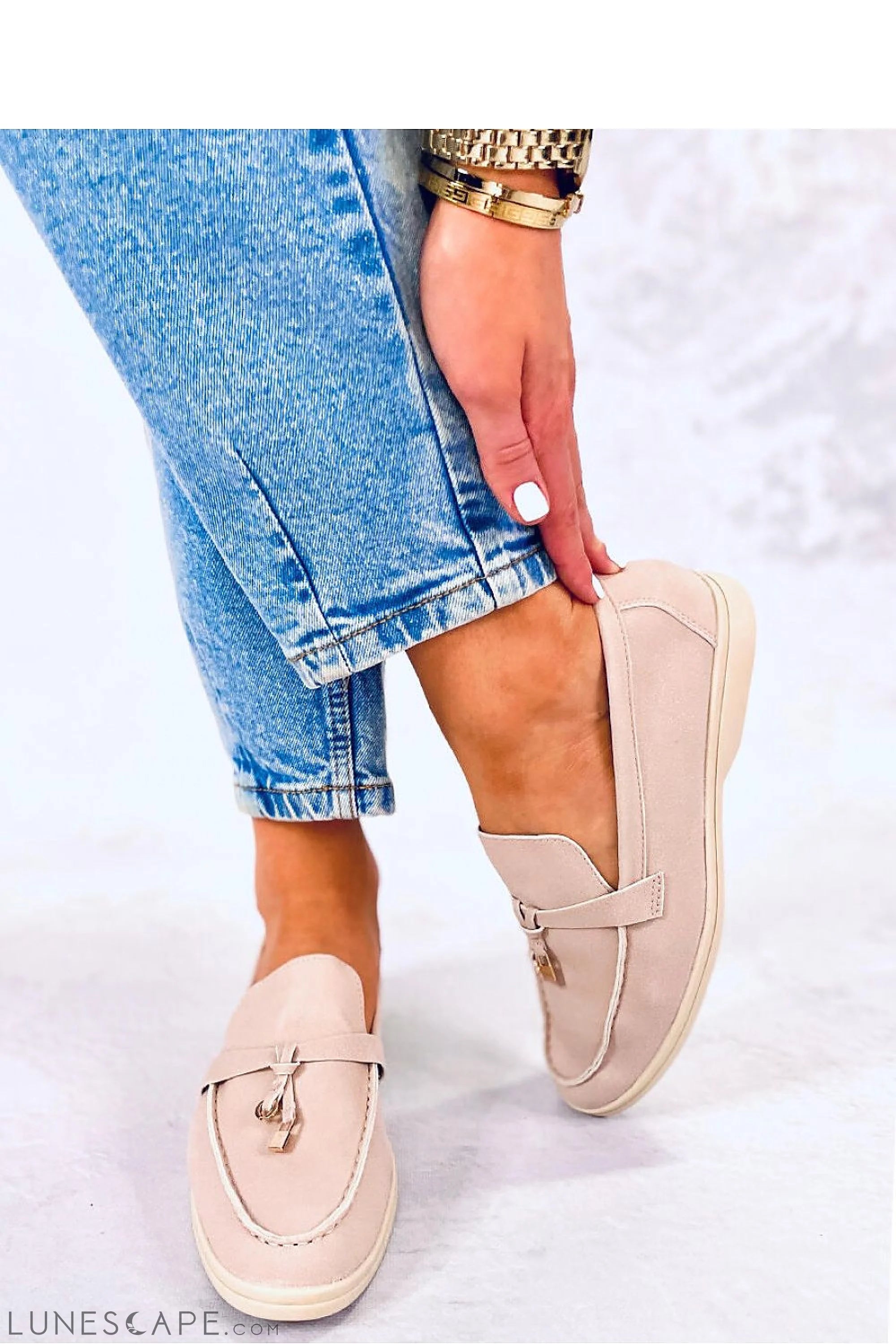 Blush Vegan Suede Loafers – Women’s Almond Toe with Gold Charm Accent LUNESCAPE