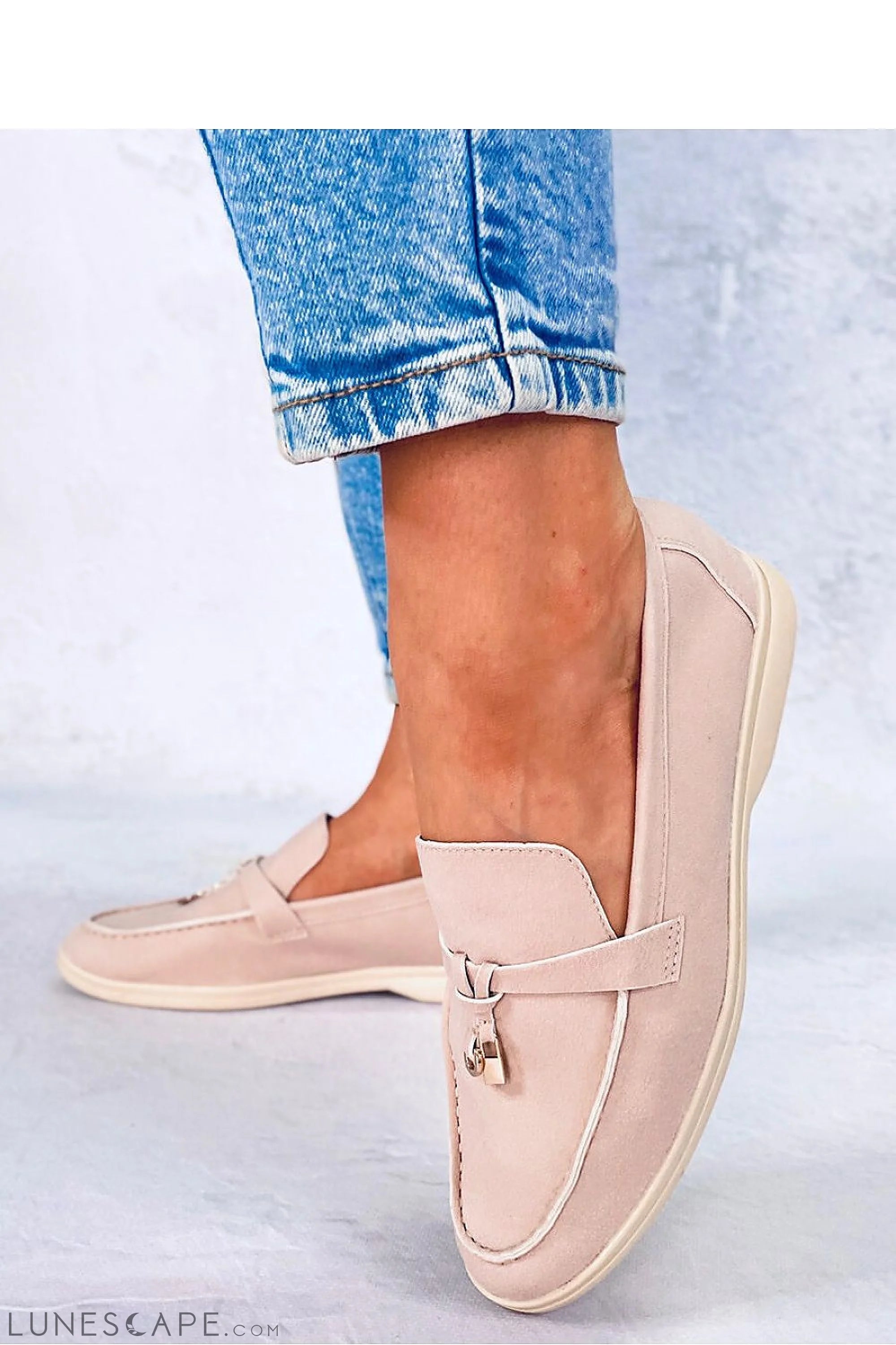 Blush Vegan Suede Loafers – Women’s Almond Toe with Gold Charm Accent LUNESCAPE