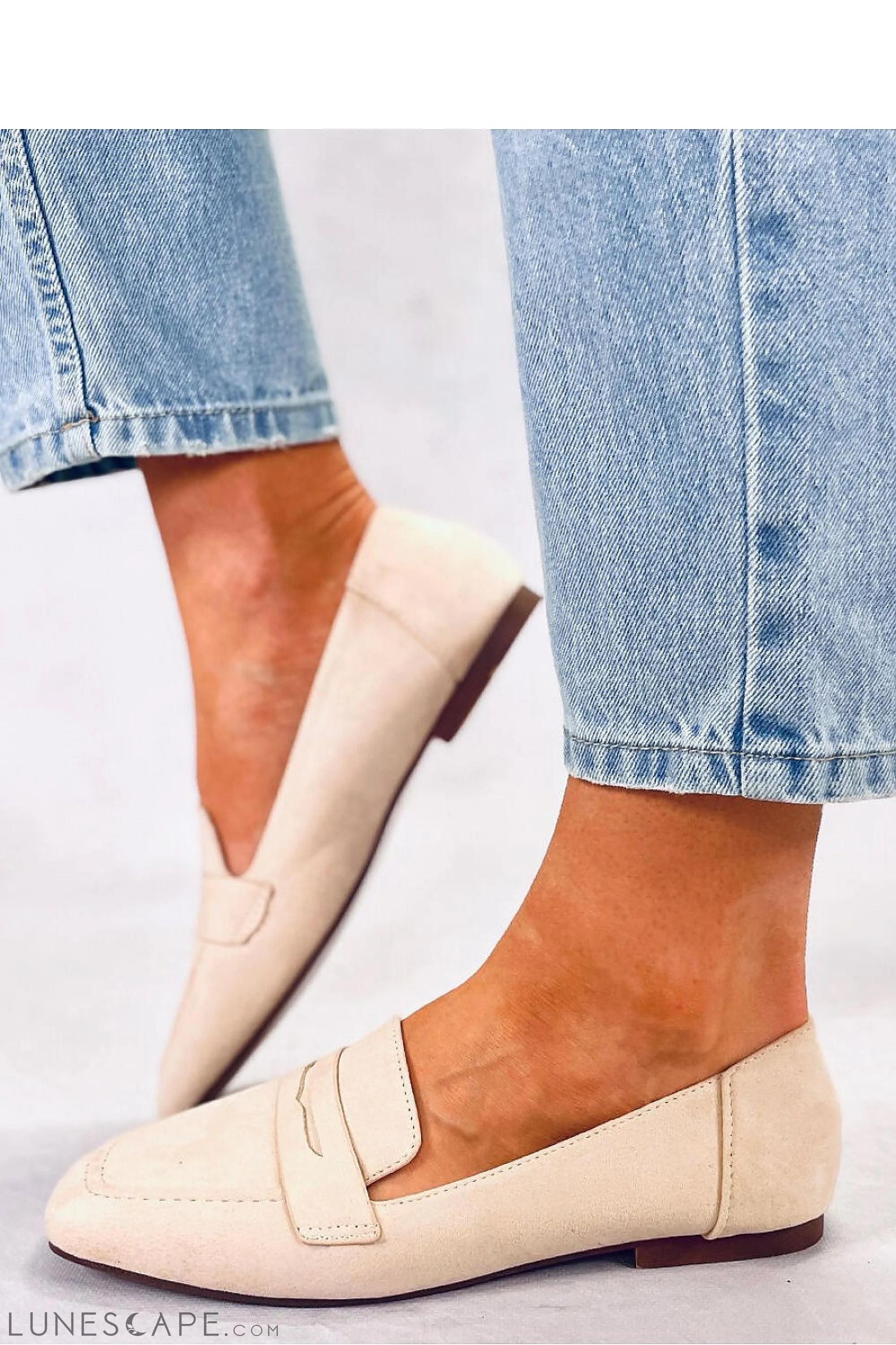 Blush Vegan Suede Loafers – Women’s Almond Toe with Penny Strap Detail LUNESCAPE
