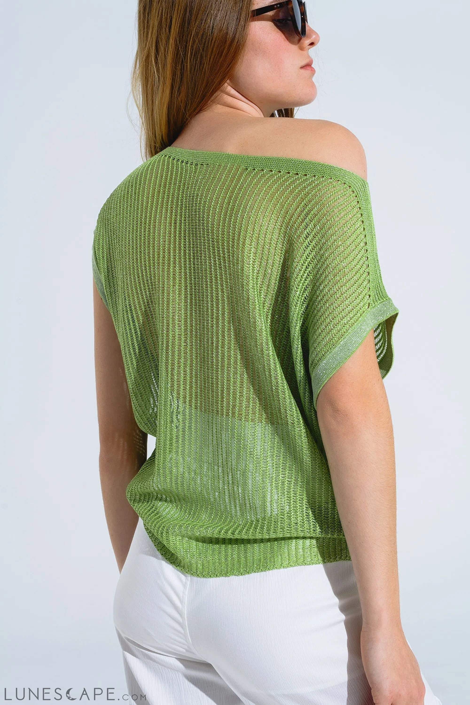 Boat Neck Ribbed Sweater With Cap Sleeves in Green LUNESCAPE