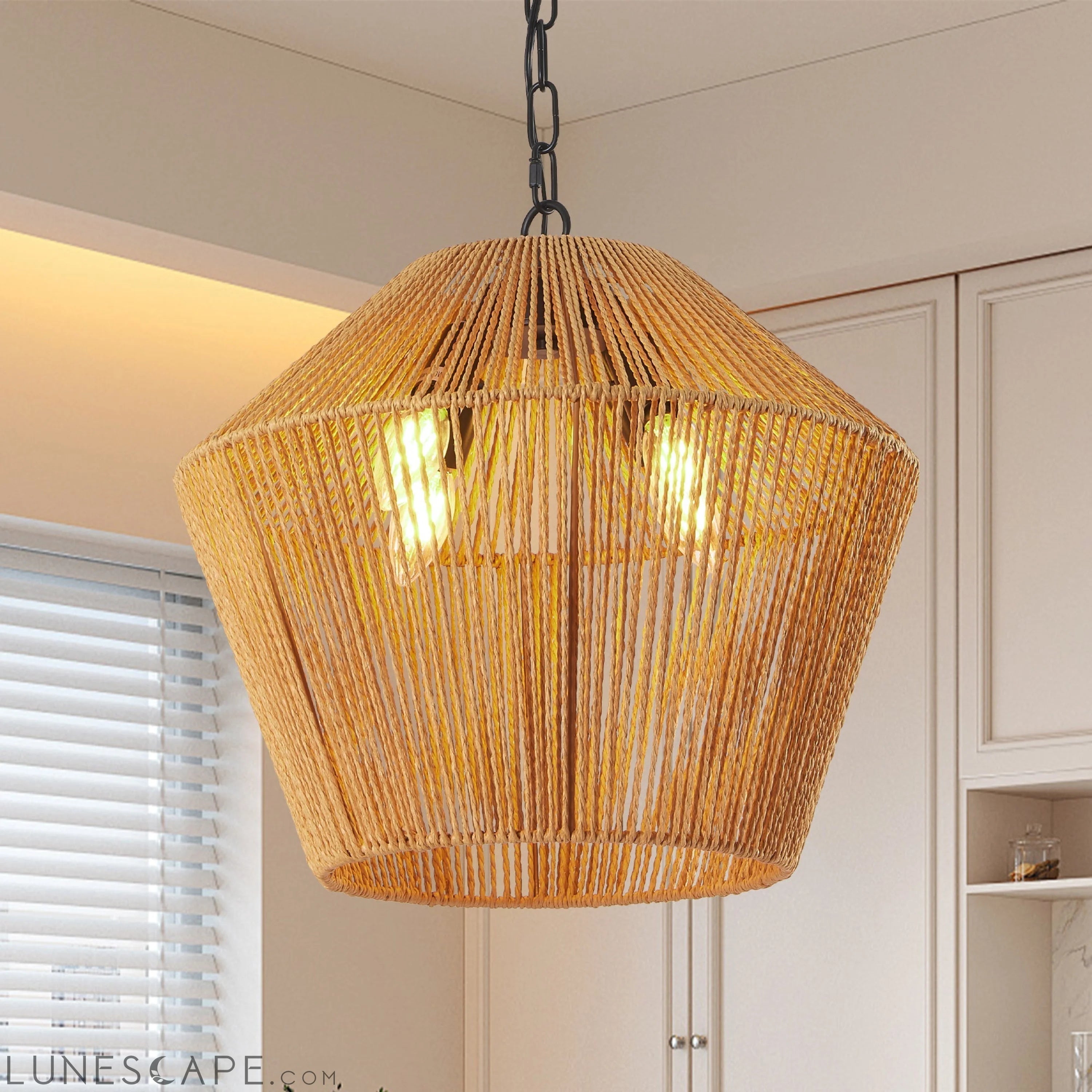 Boho Hemp Rope Pendant Light, Handcrafted Farmhouse Hanging Light LUNESCAPE