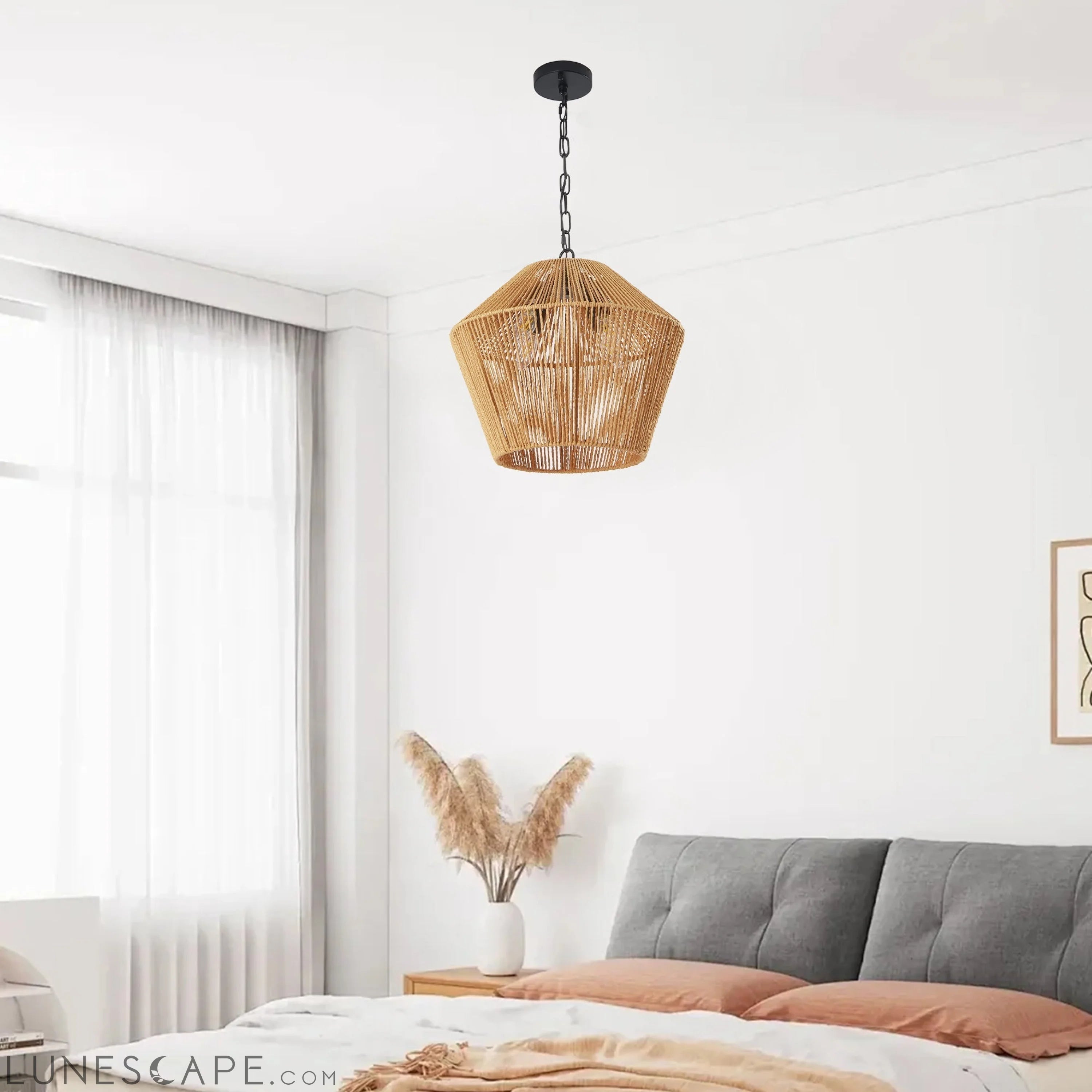Boho Hemp Rope Pendant Light, Handcrafted Farmhouse Hanging Light LUNESCAPE