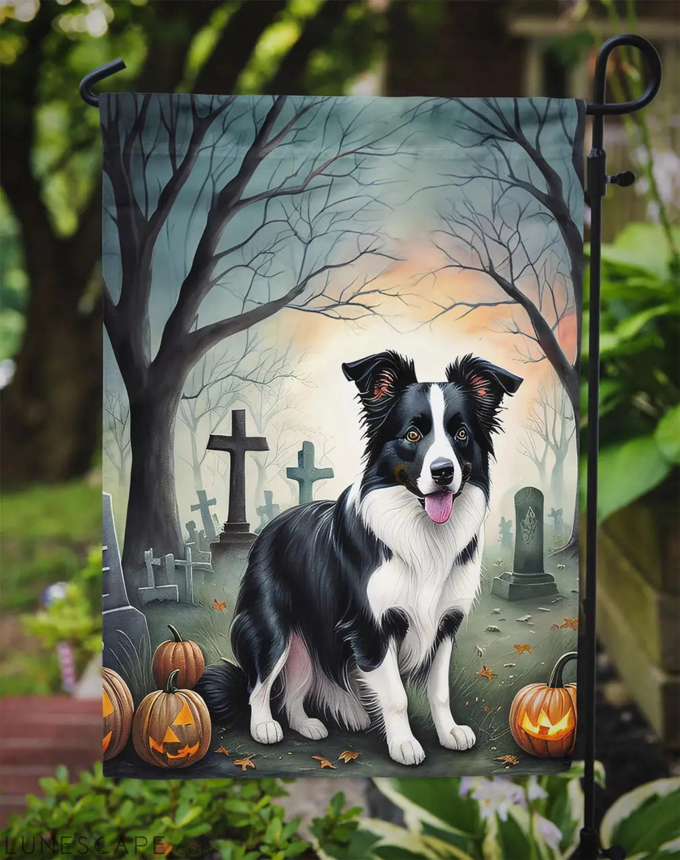Border Collie Spooky Halloween Garden Flag LUNESCAPE