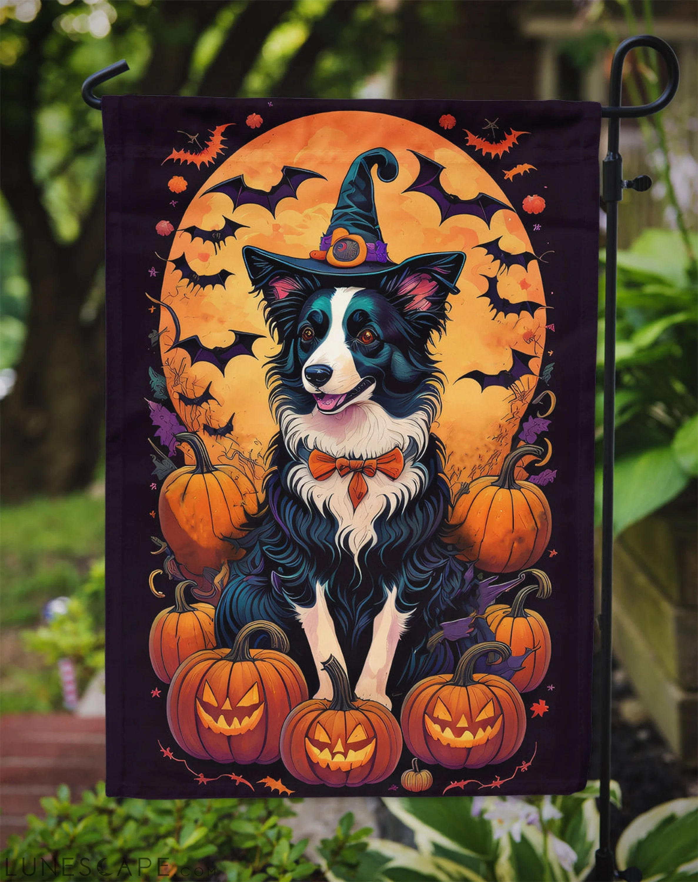 Border Collie Witchy Halloween Garden Flag LUNESCAPE