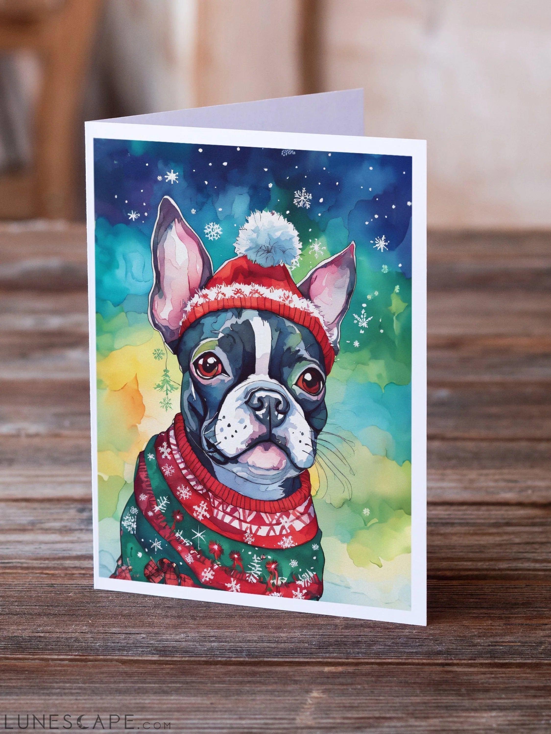 Boston Terrier Christmas Greeting Cards Pack of 8 LUNESCAPE
