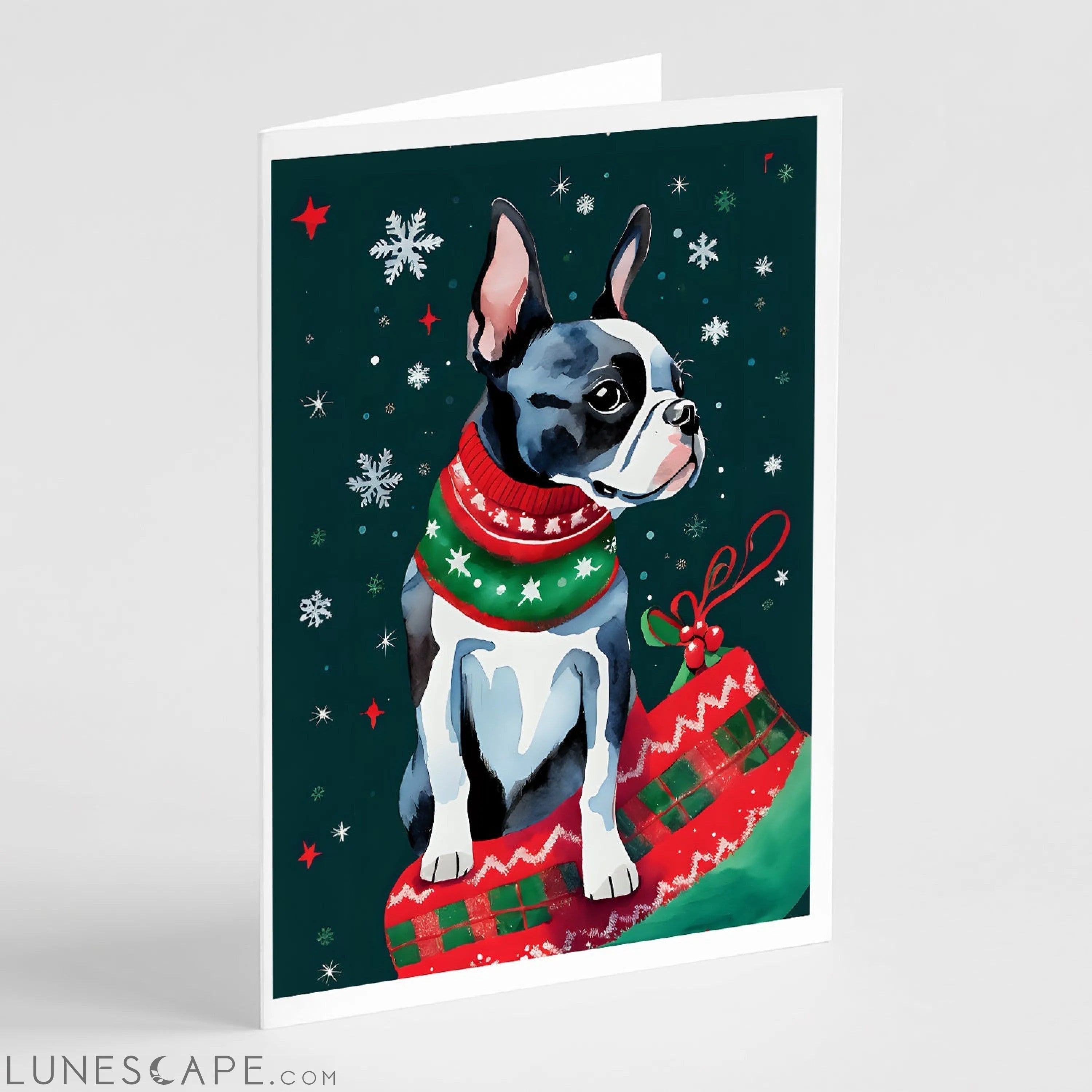 Boston Terrier Christmas Greeting Cards Pack of 8 LUNESCAPE