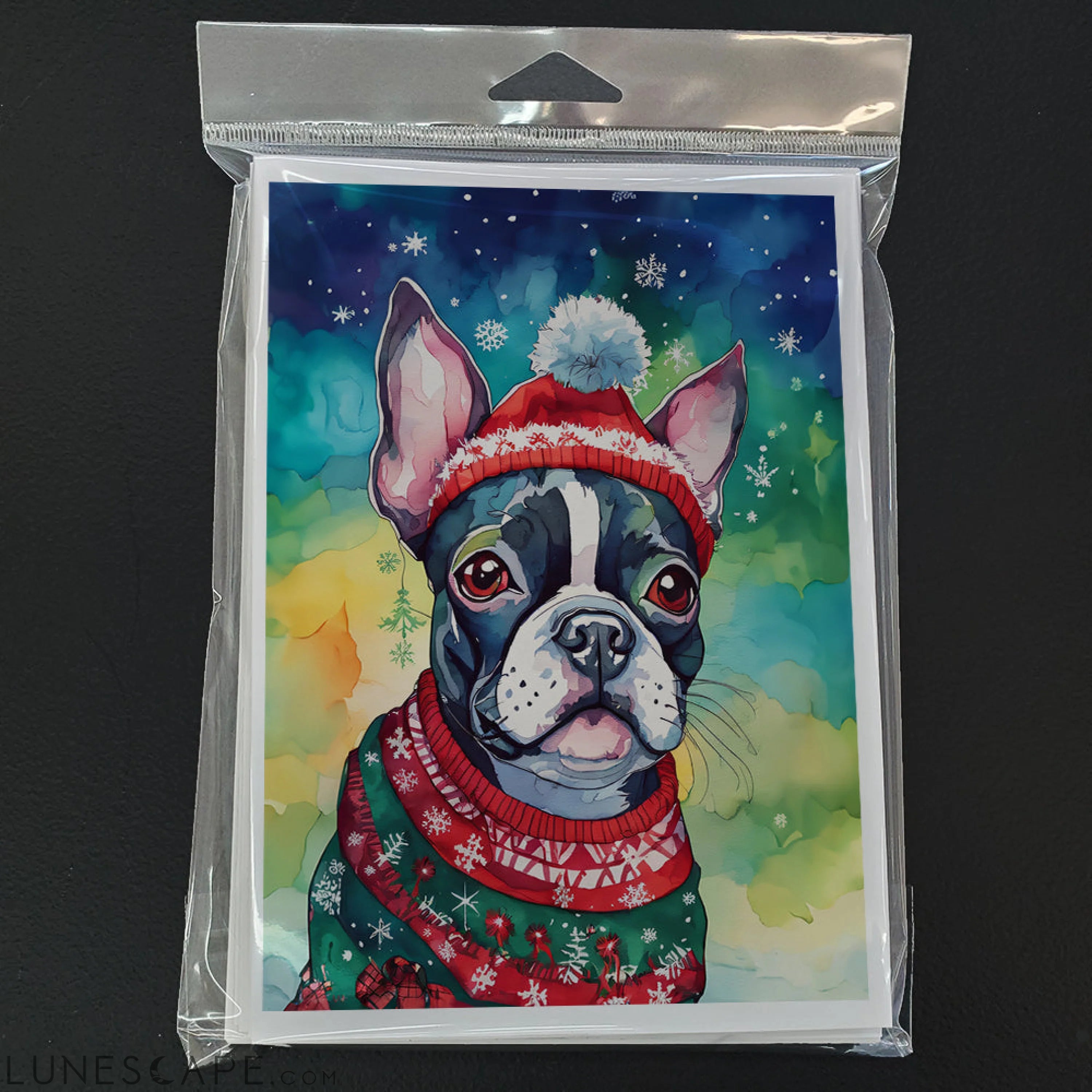 Boston Terrier Christmas Greeting Cards Pack of 8 LUNESCAPE