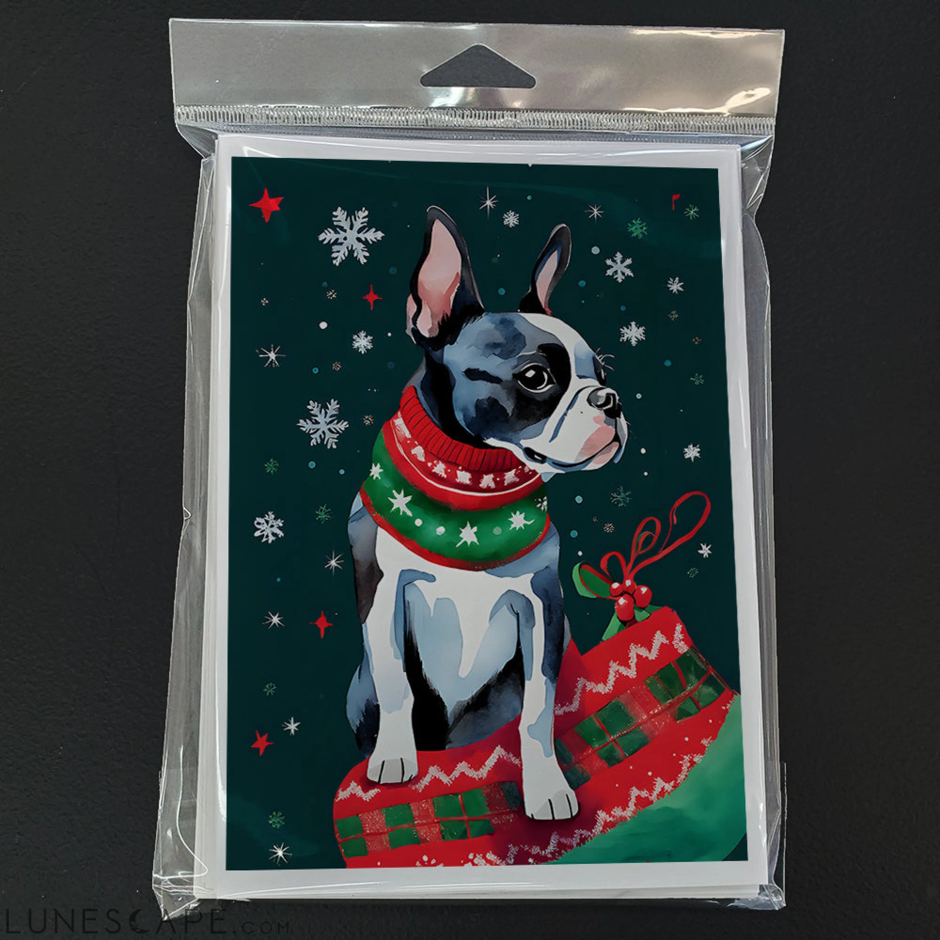 Boston Terrier Christmas Greeting Cards Pack of 8 LUNESCAPE