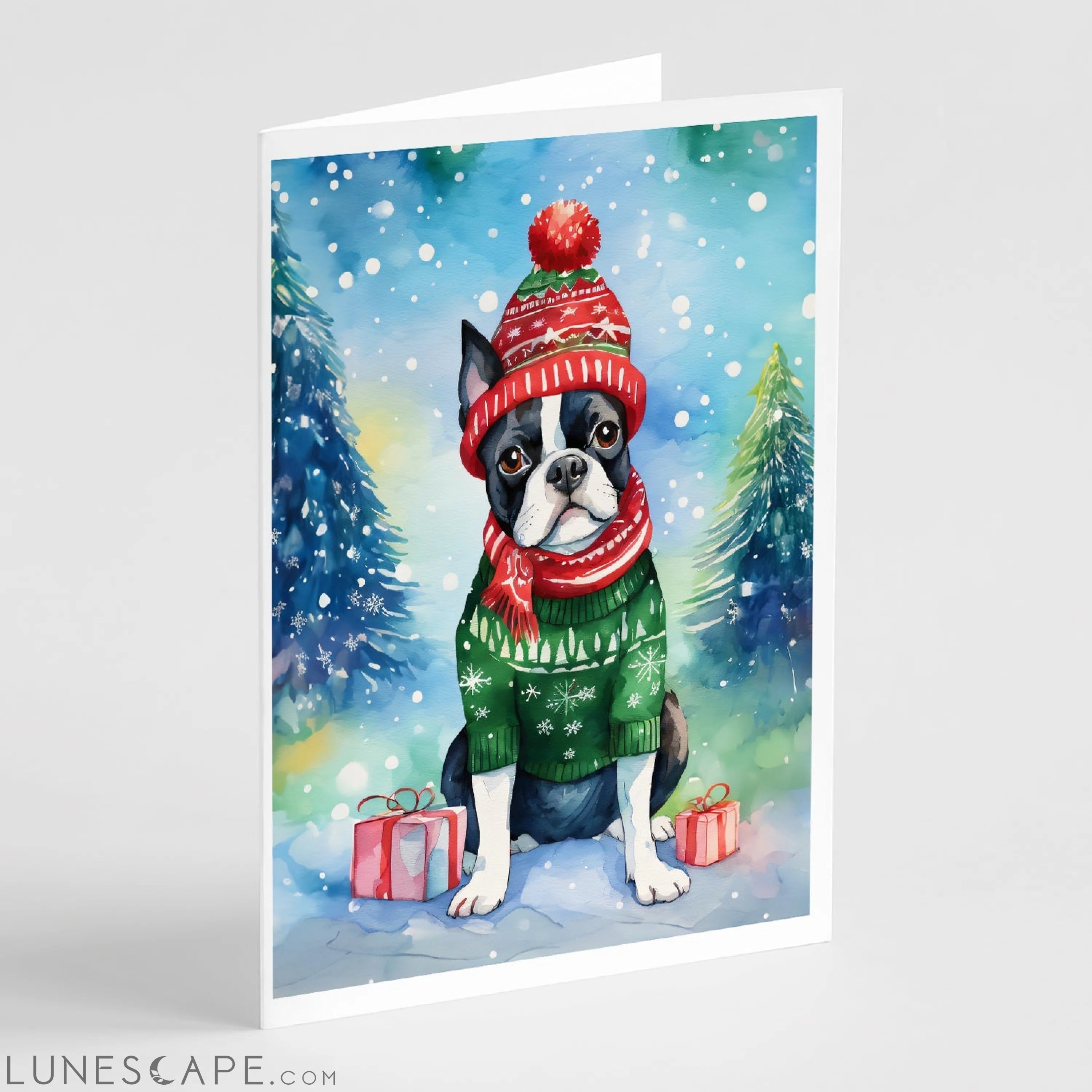 Boston Terrier Christmas Greeting Cards Pack of 8 LUNESCAPE