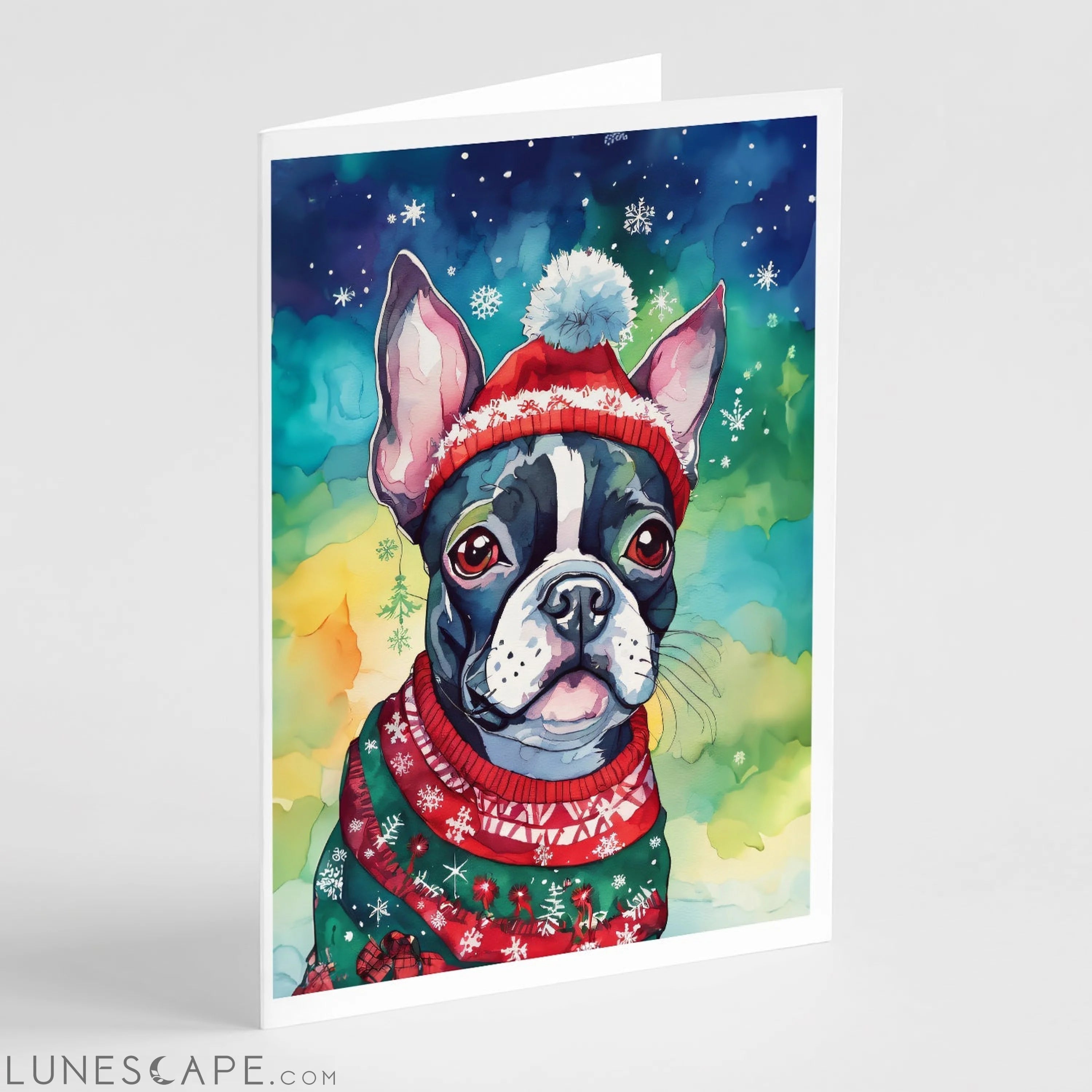 Boston Terrier Christmas Greeting Cards Pack of 8 LUNESCAPE