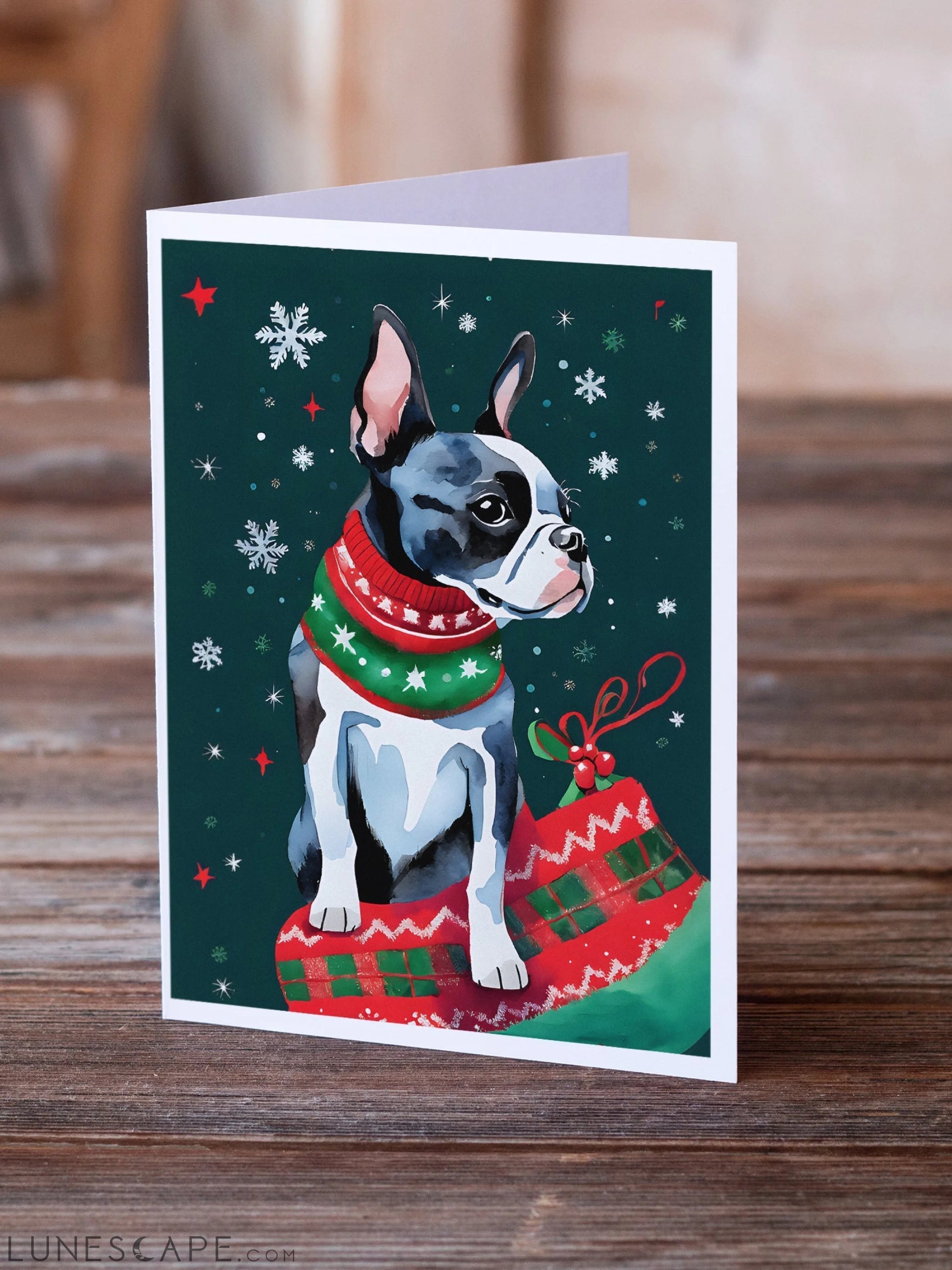Boston Terrier Christmas Greeting Cards Pack of 8 LUNESCAPE