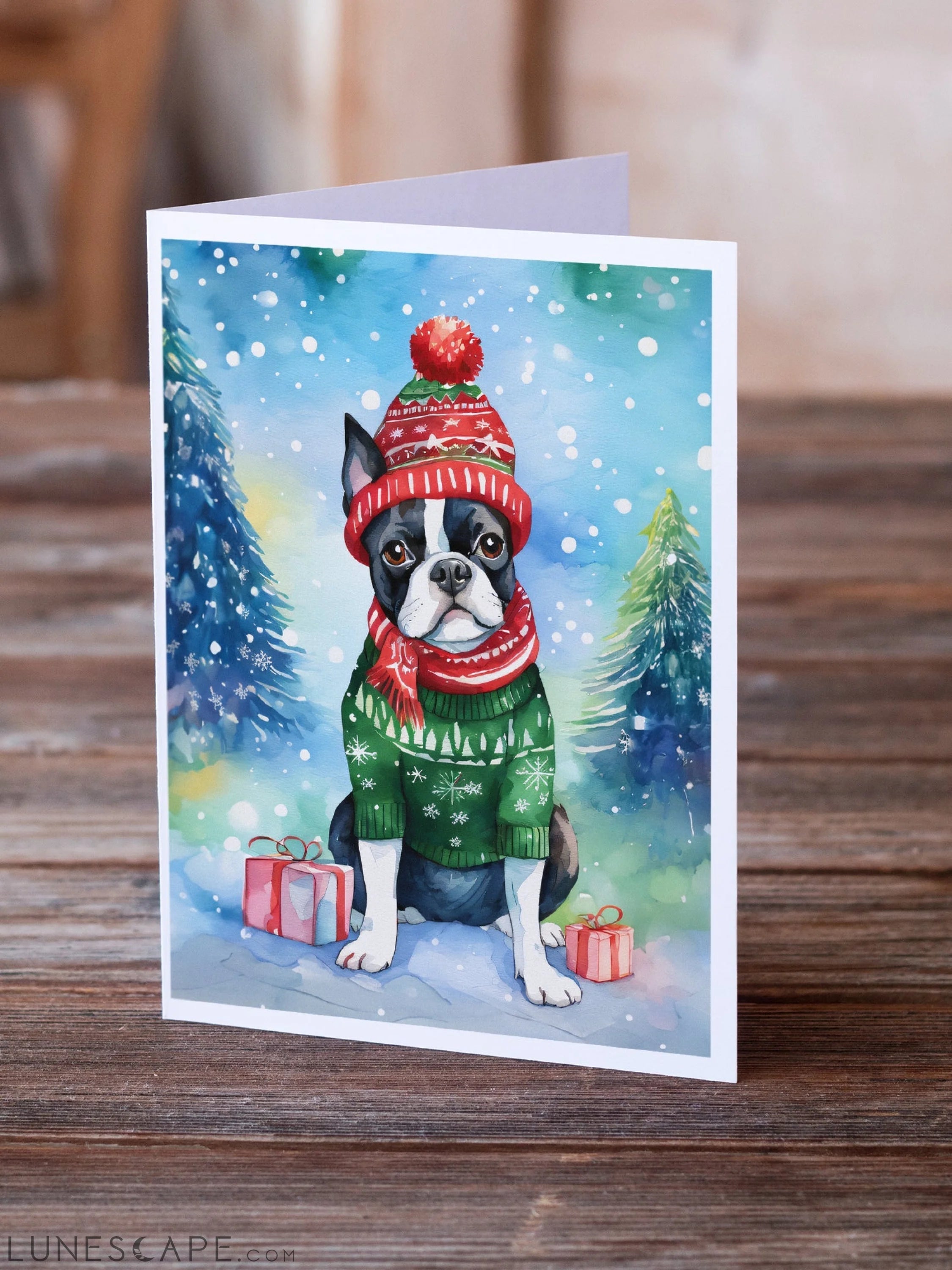 Boston Terrier Christmas Greeting Cards Pack of 8 LUNESCAPE