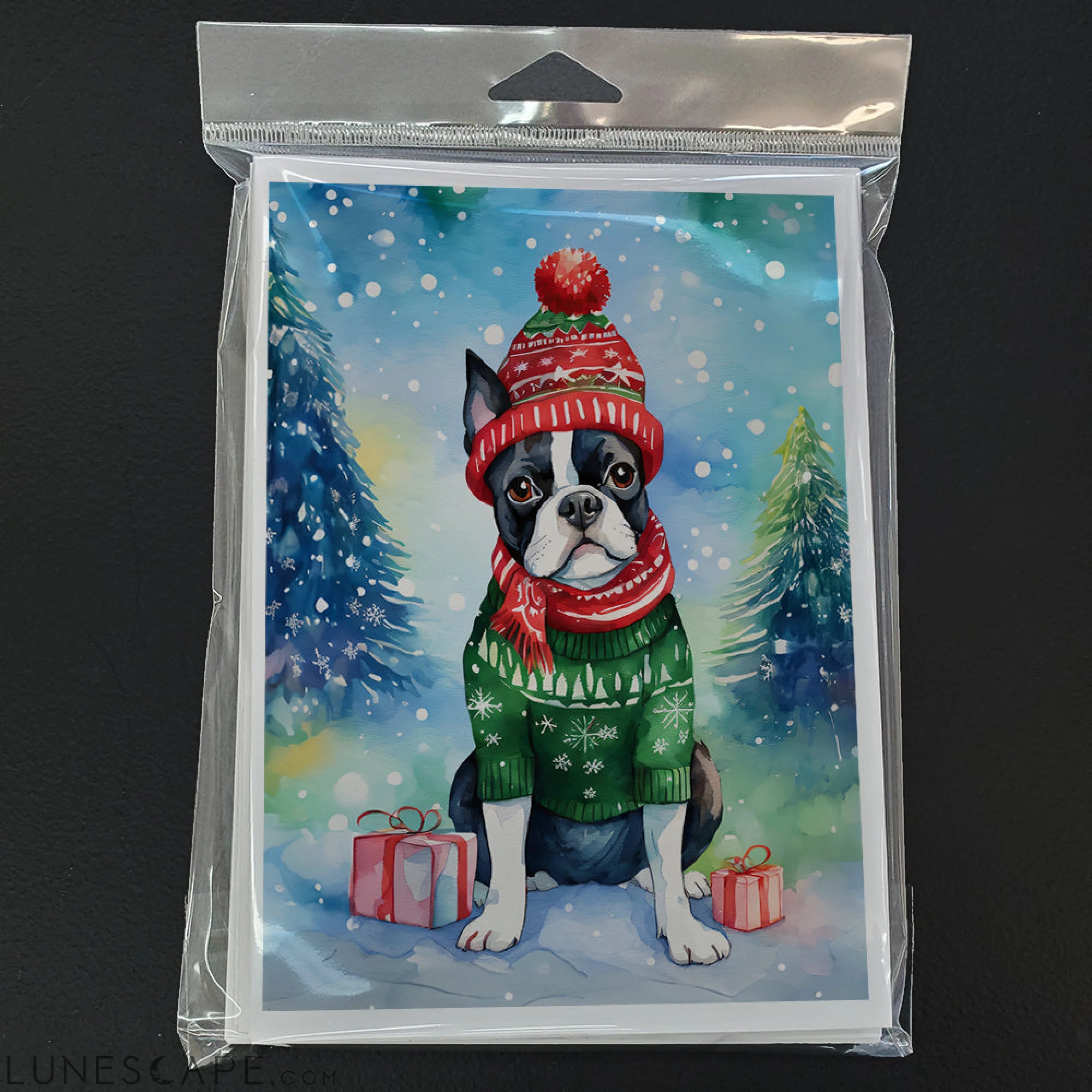 Boston Terrier Christmas Greeting Cards Pack of 8 LUNESCAPE