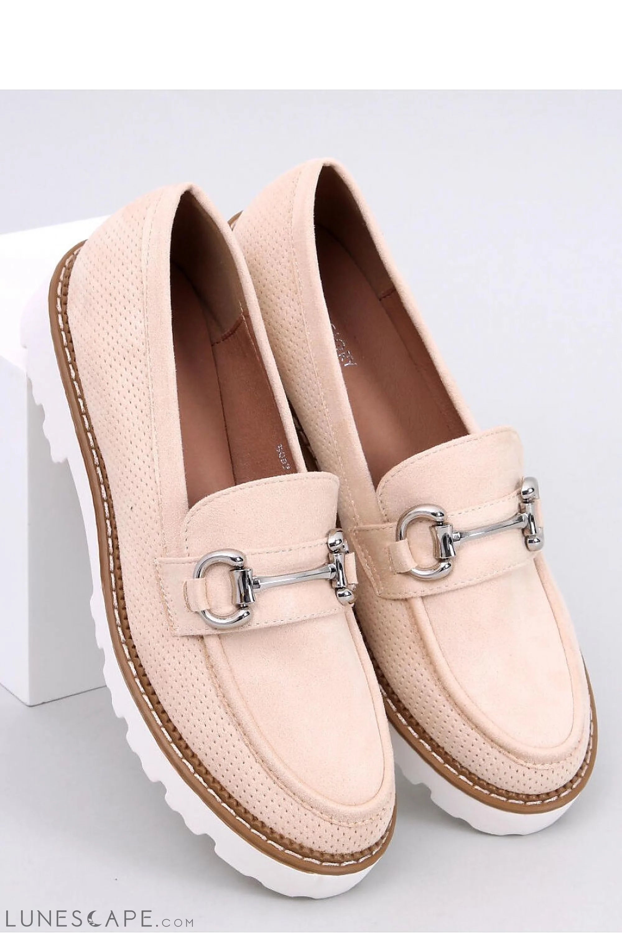 Breathable Beige Eco-Suede Loafers for Women – Horsebit and White Lug Sole LUNESCAPE