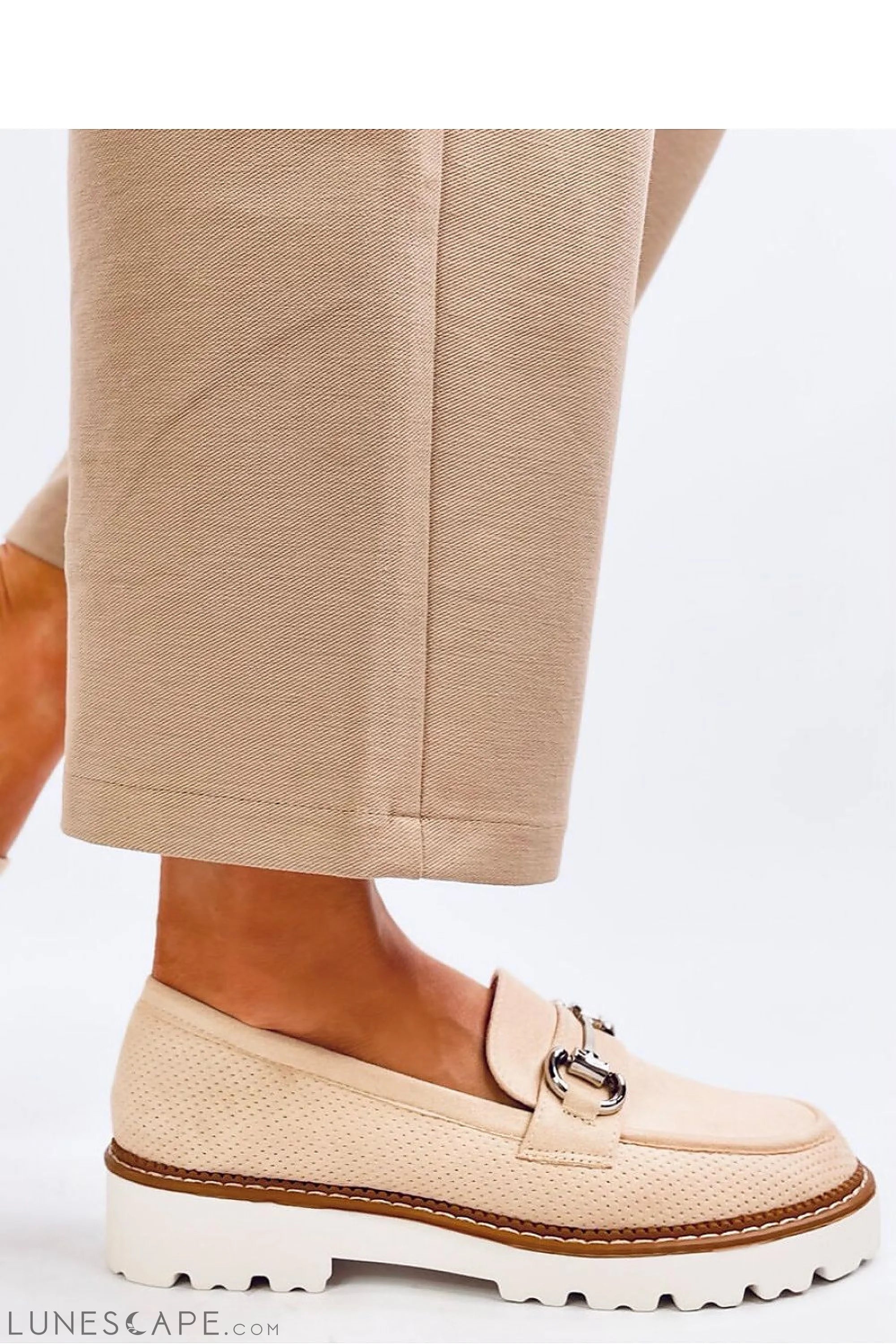 Breathable Beige Eco-Suede Loafers for Women – Horsebit and White Lug Sole LUNESCAPE