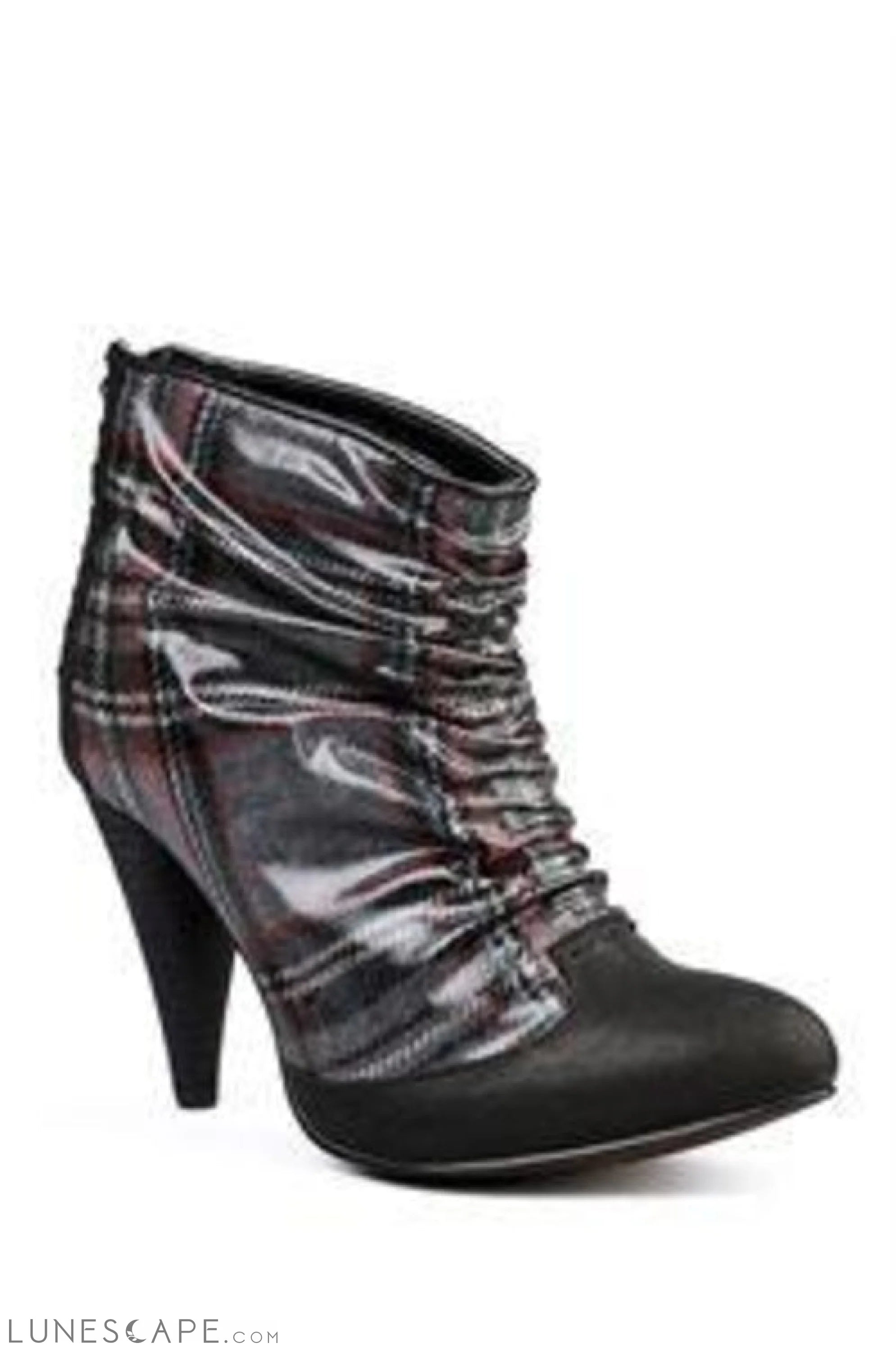 BRINDAL Ruched Tartan & Eco-Suede Tapered High Heel Ankle Bootie LUNESCAPE
