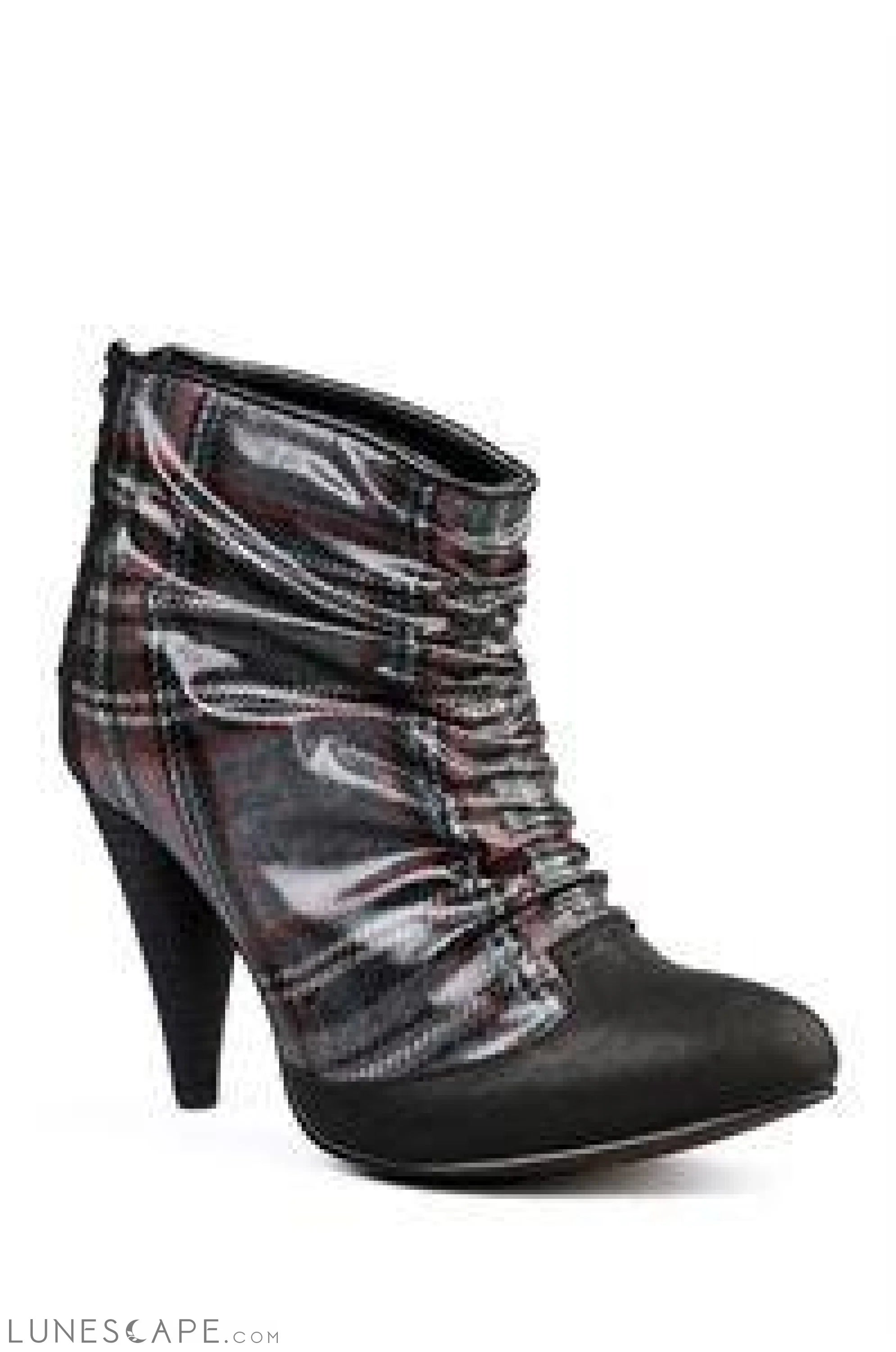 BRINDAL Ruched Tartan & Eco-Suede Tapered High Heel Ankle Bootie LUNESCAPE