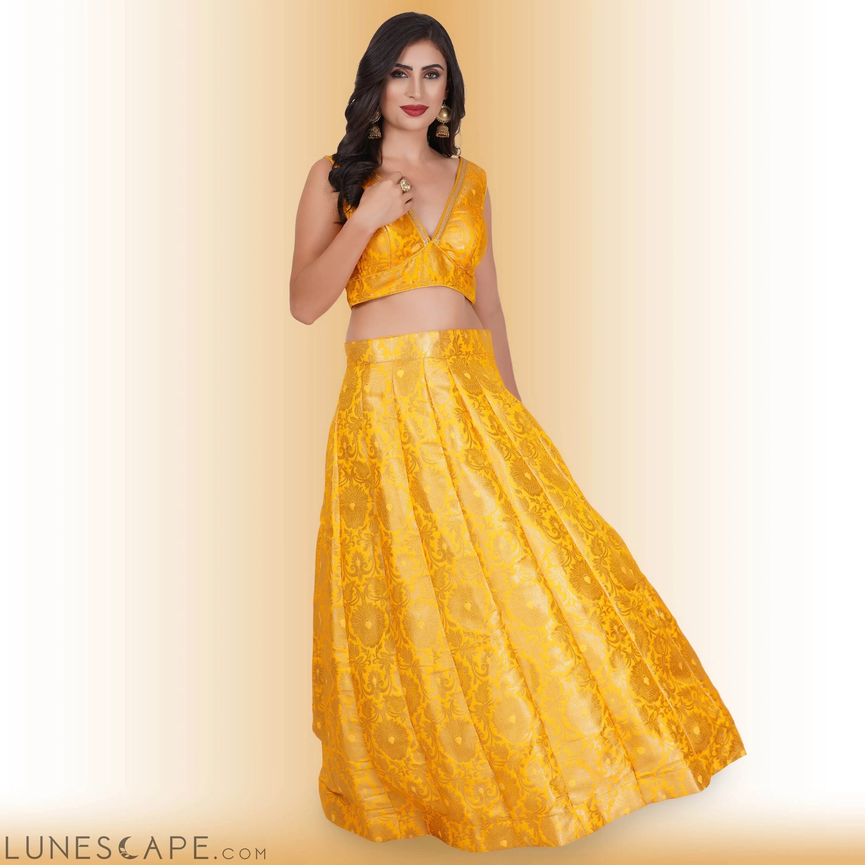 Brocade Party Lehenga - Yellow LUNESCAPE