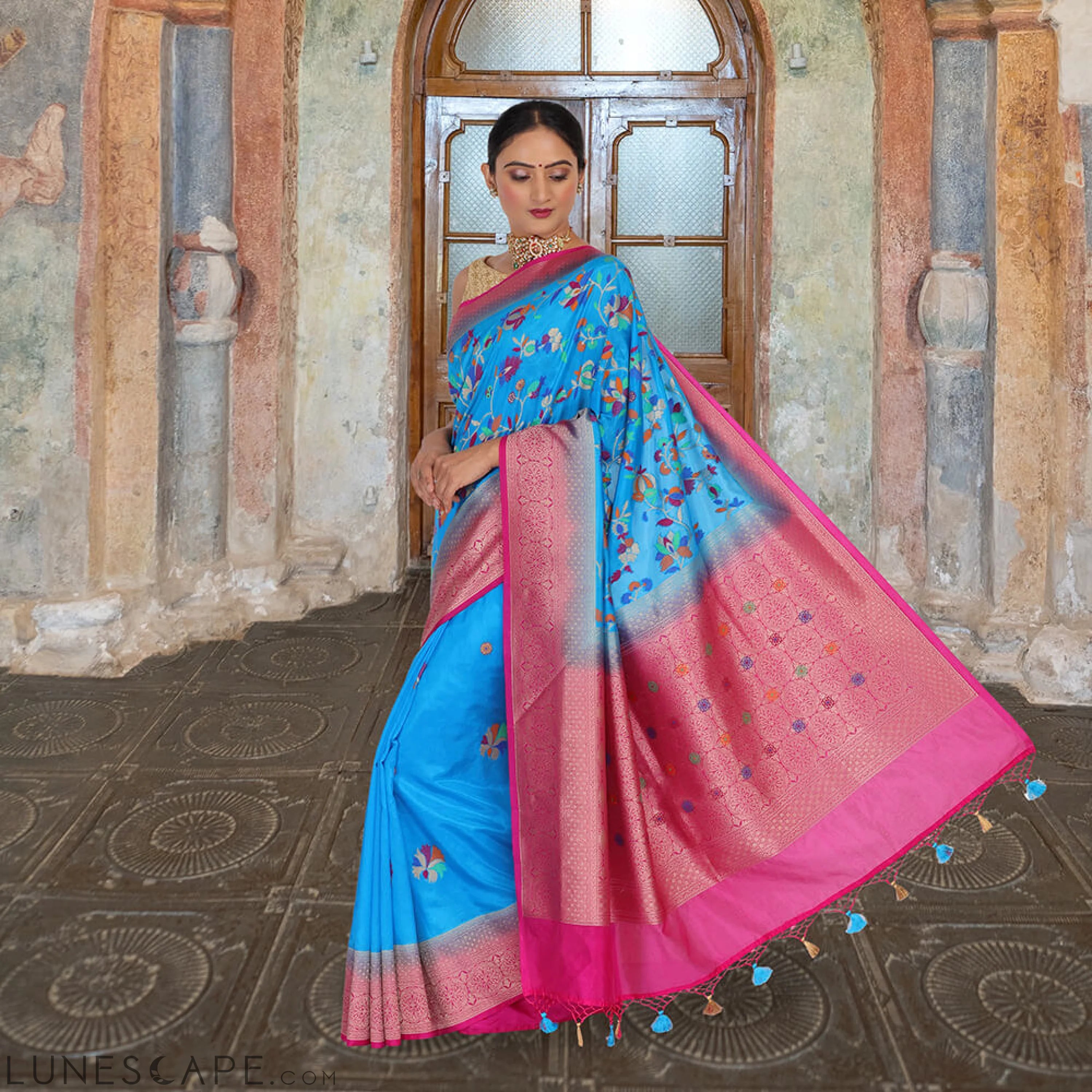 Brocade Silk Saree in Blue LUNESCAPE