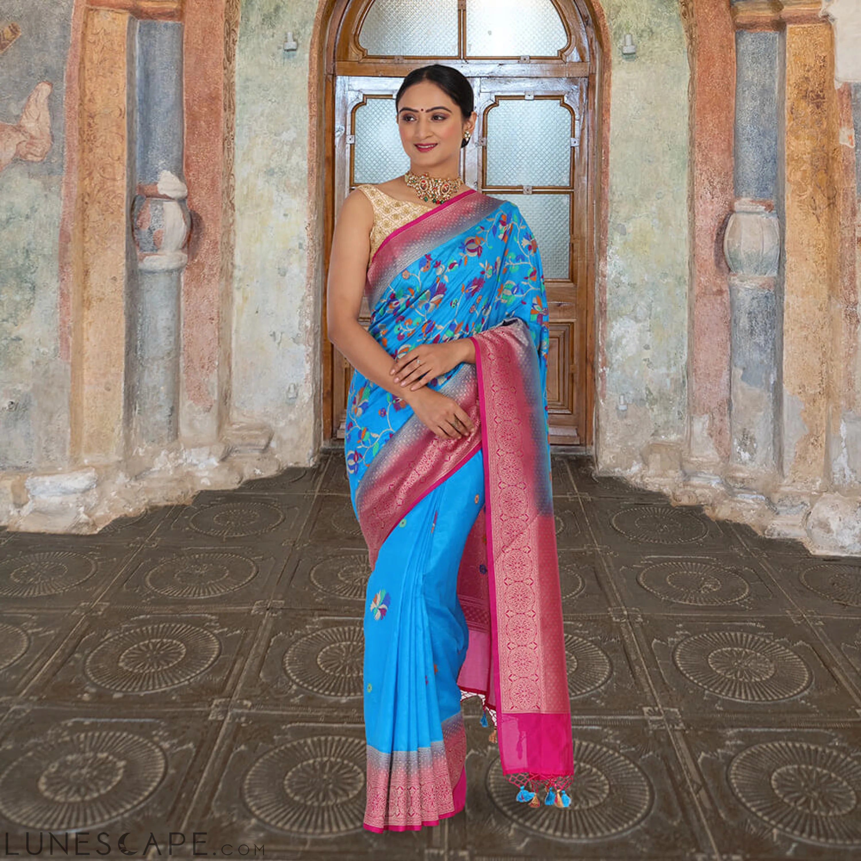 Brocade Silk Saree in Blue LUNESCAPE