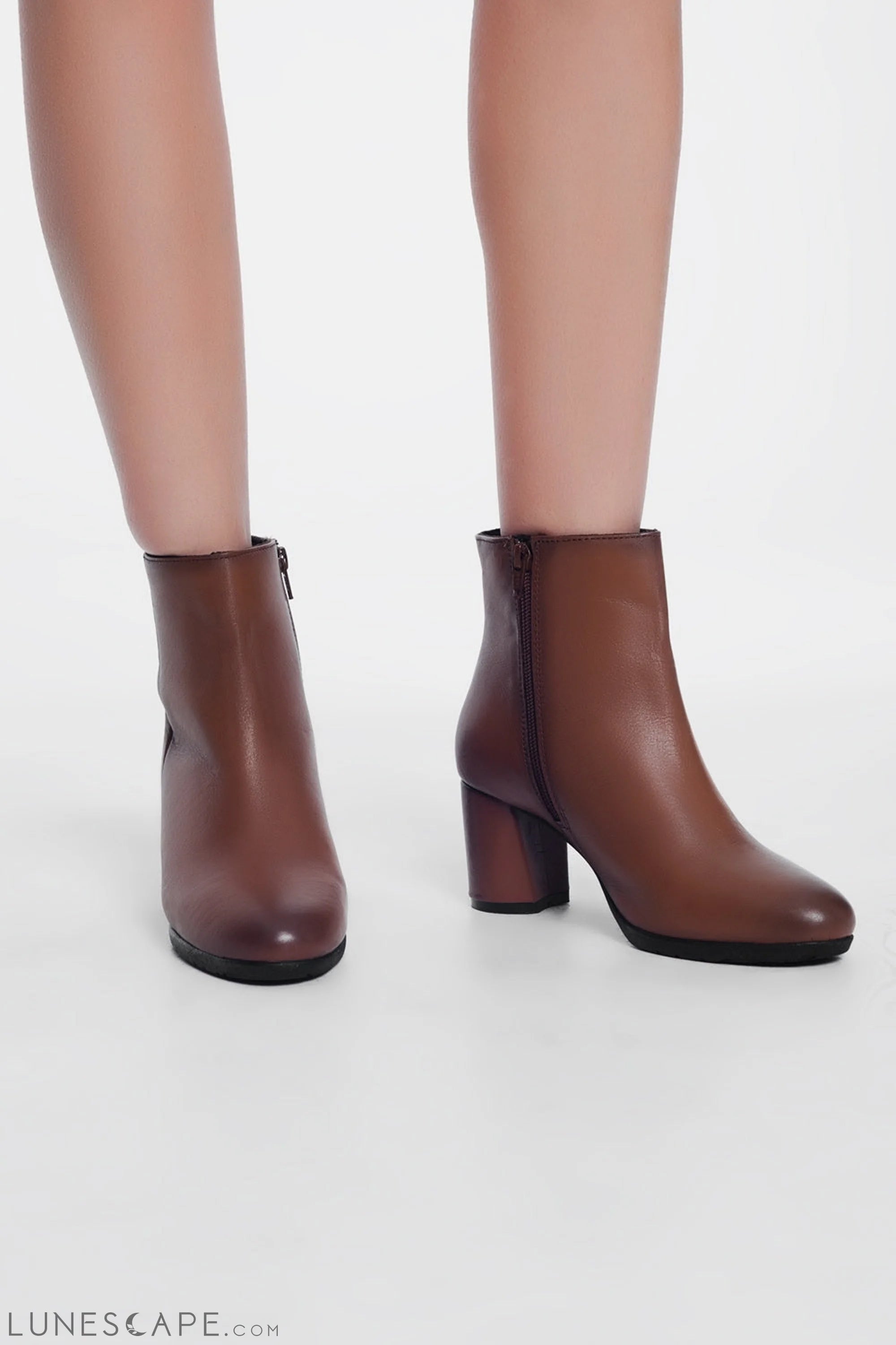 Brown Blocked Mid Heeled Ankle Boots LUNESCAPE