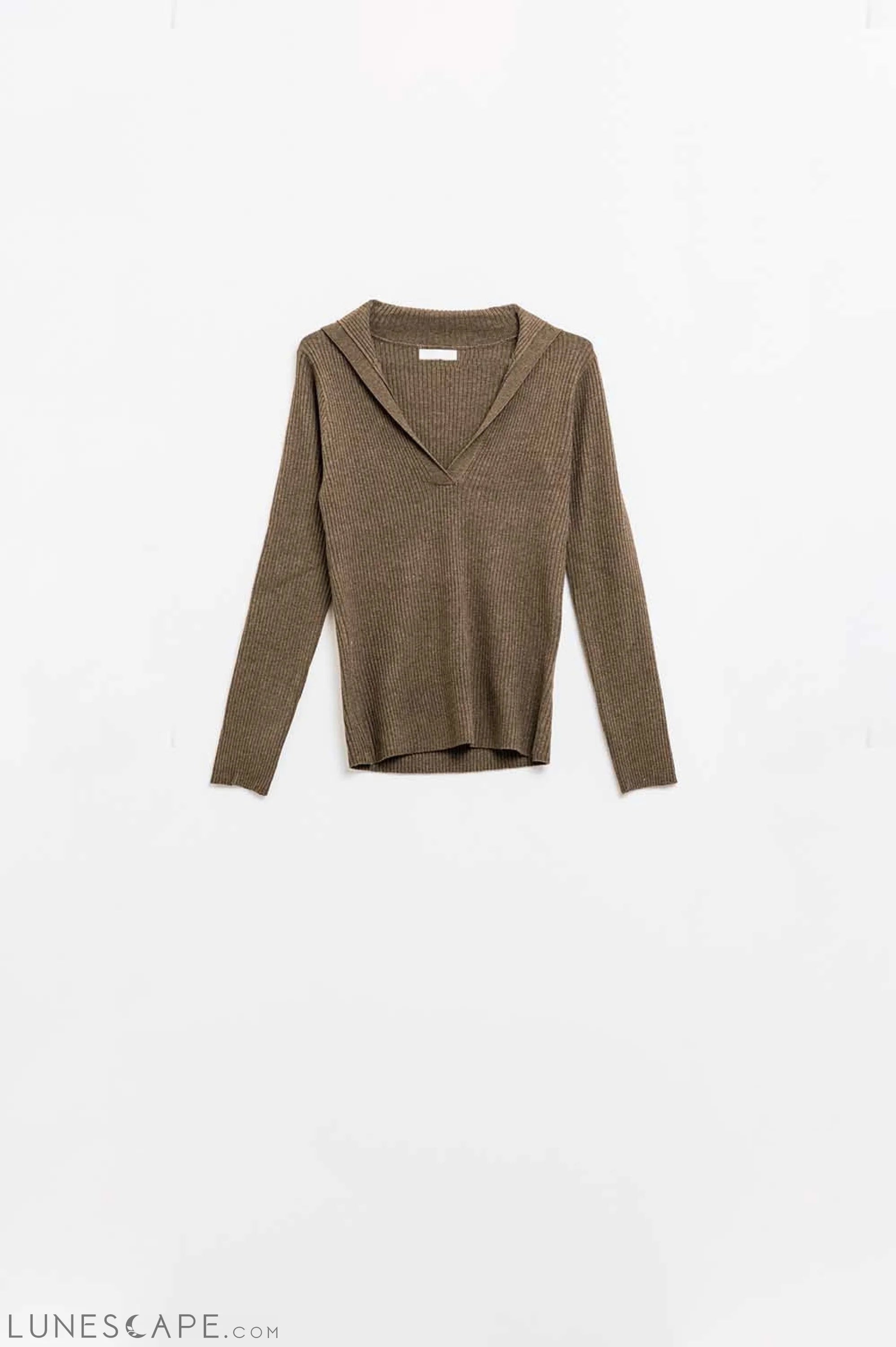 Brown Collared Rib Top With Long Sleeves LUNESCAPE