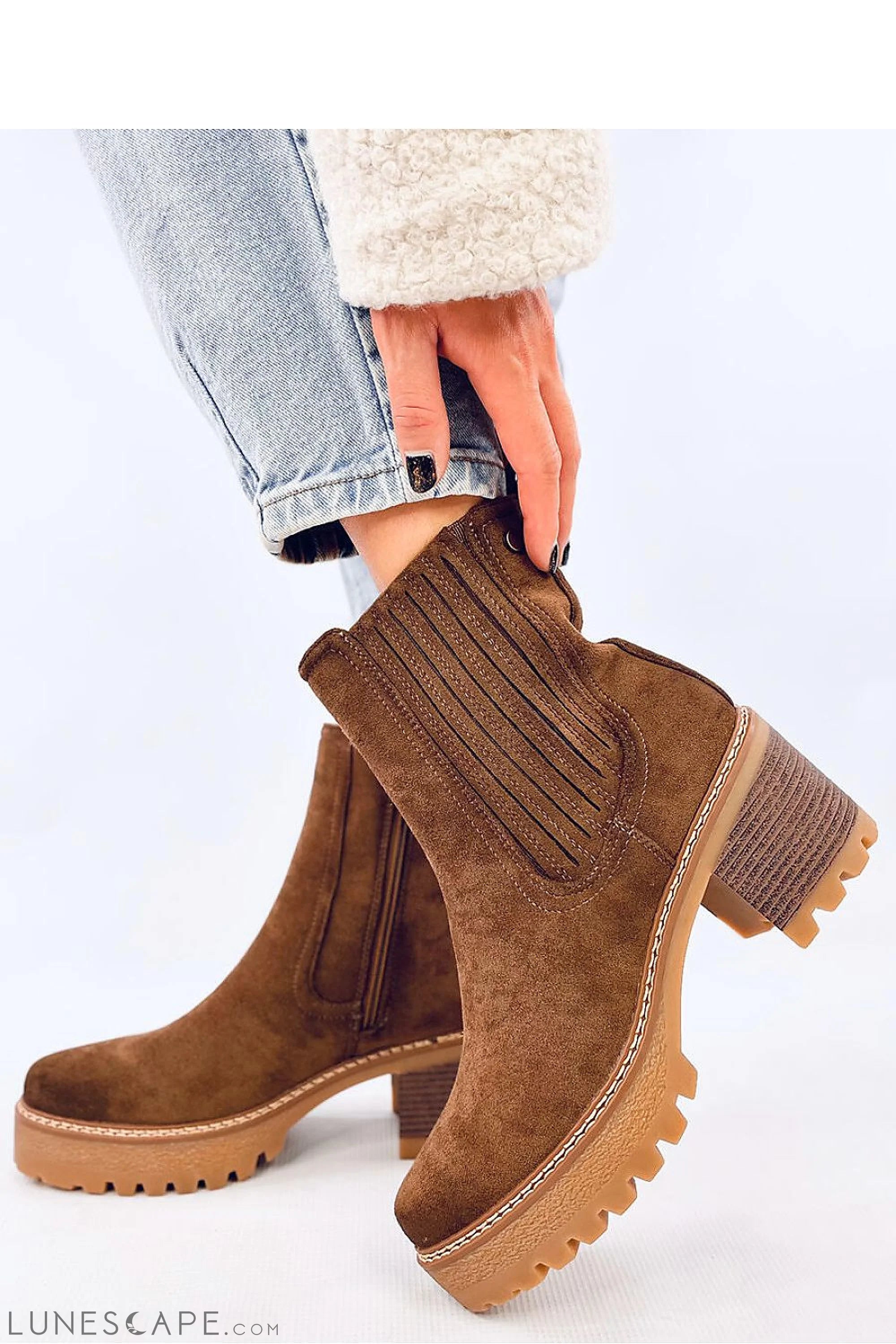 Brown Suede Chelsea Boots with Stacked Block Heel & Double-Stitched Midsole LUNESCAPE