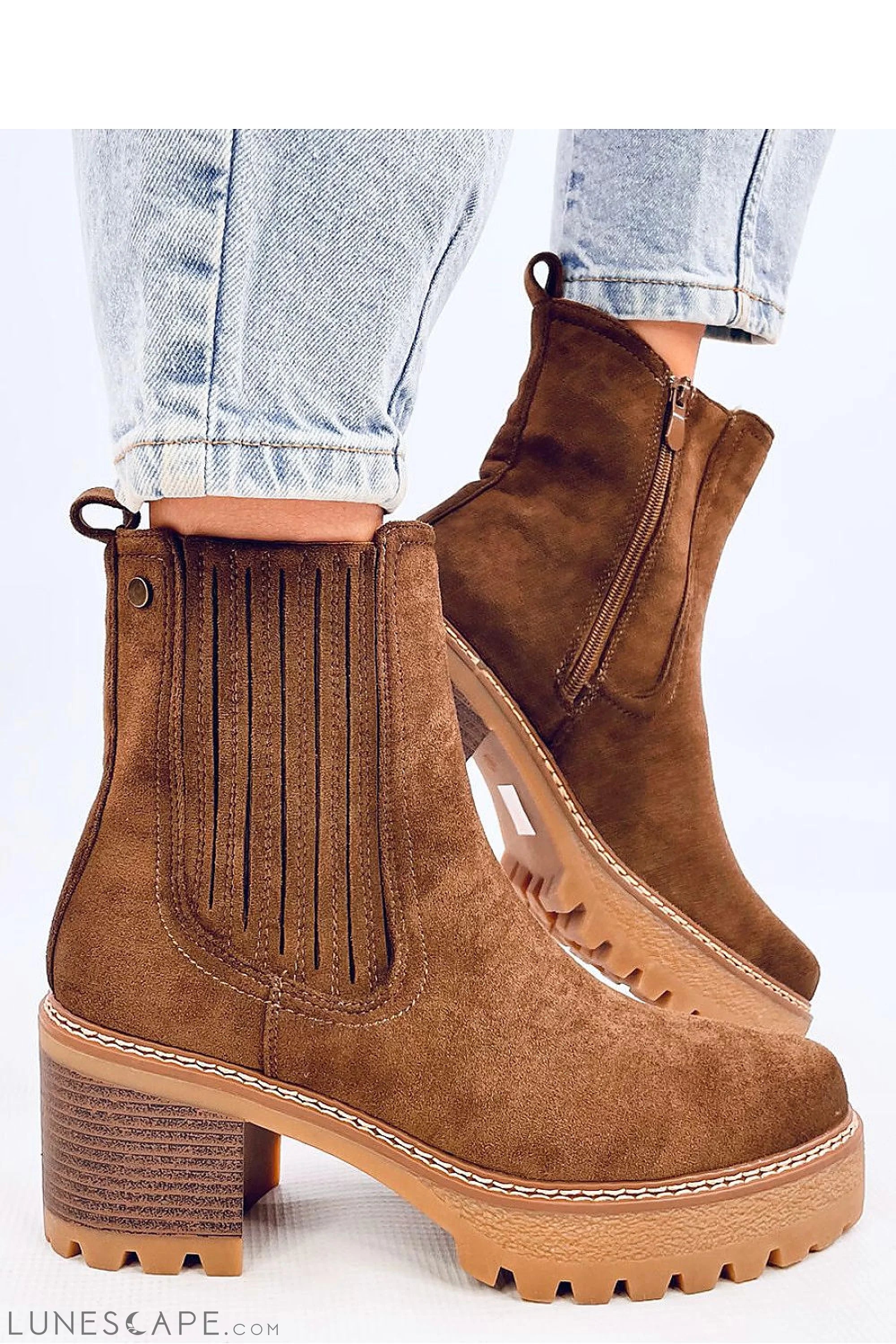 Brown Suede Chelsea Boots with Stacked Block Heel & Double-Stitched Midsole LUNESCAPE