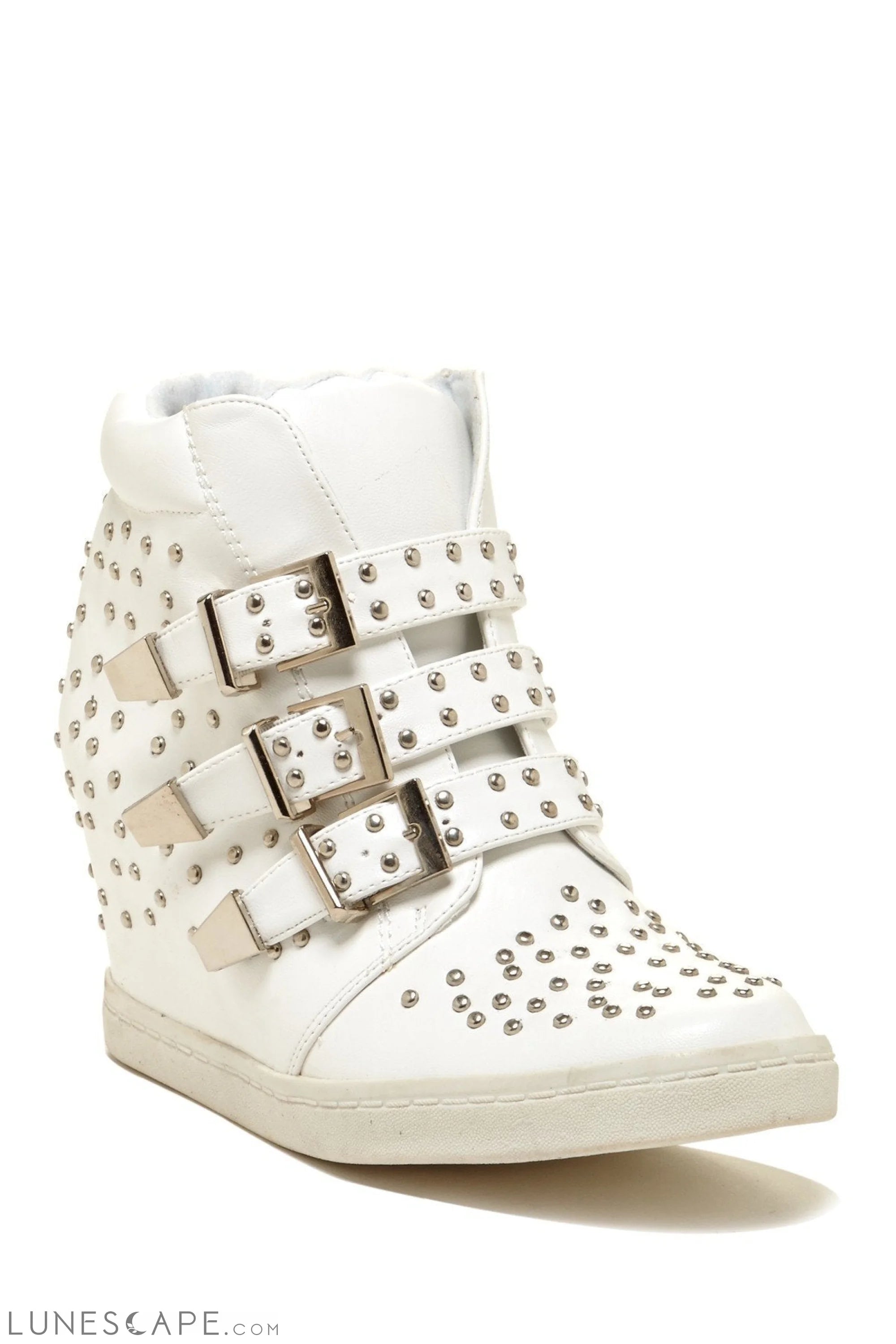 BUCKLES Studded White High-Top Moto Sneakers Buckle Straps LUNESCAPE