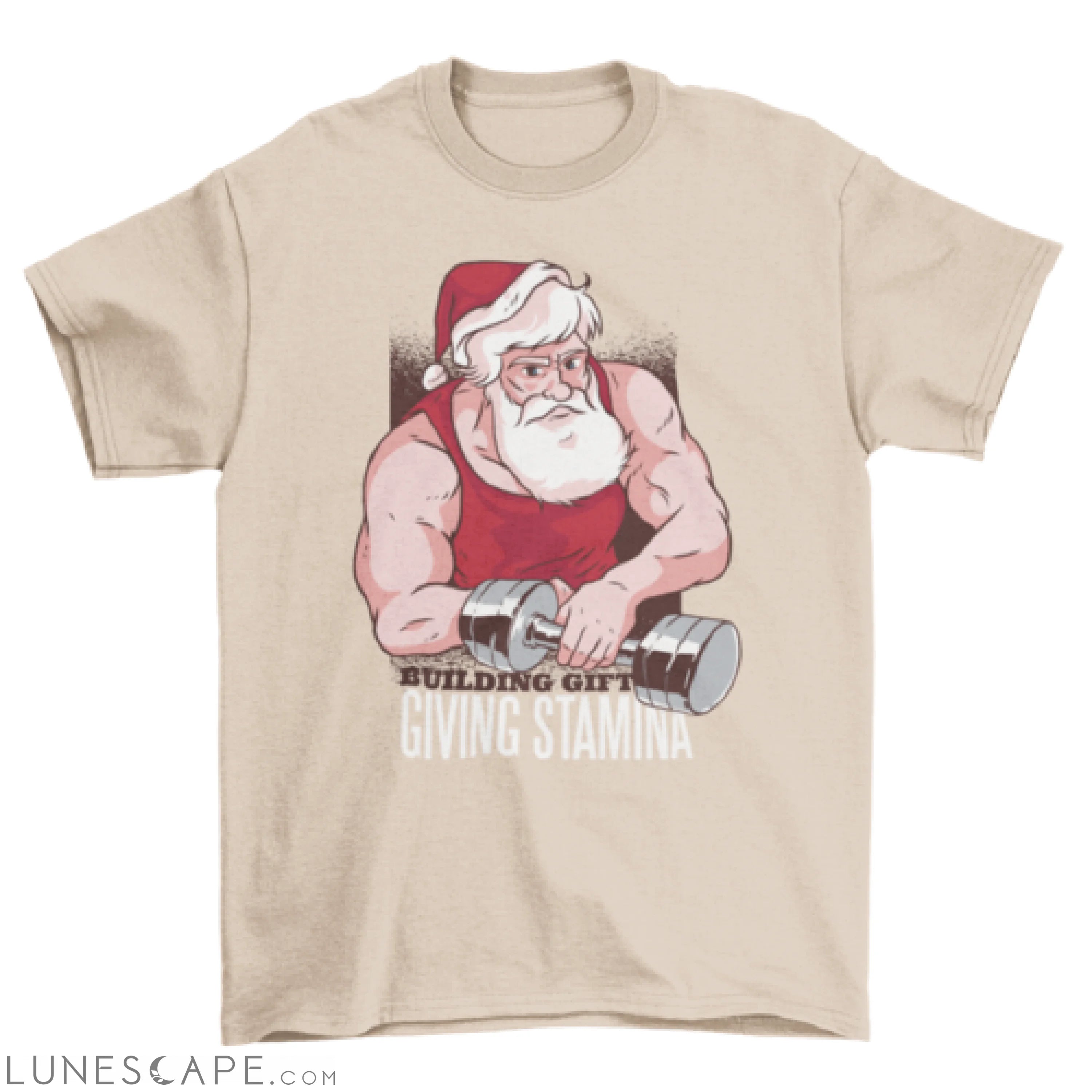Buff Santa at the Gym with dumbbell and text Building gift giving LUNESCAPE