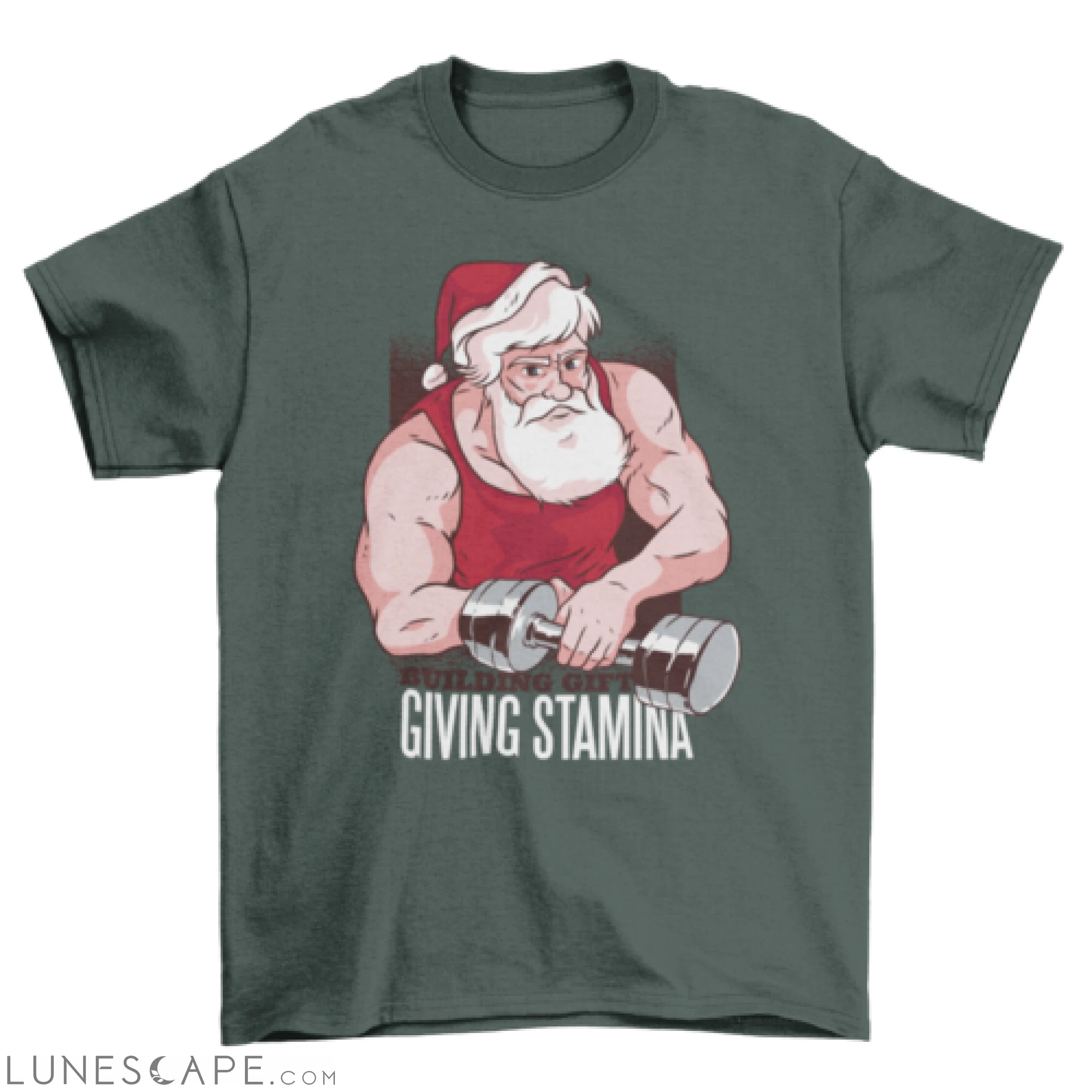 Buff Santa at the Gym with dumbbell and text Building gift giving LUNESCAPE