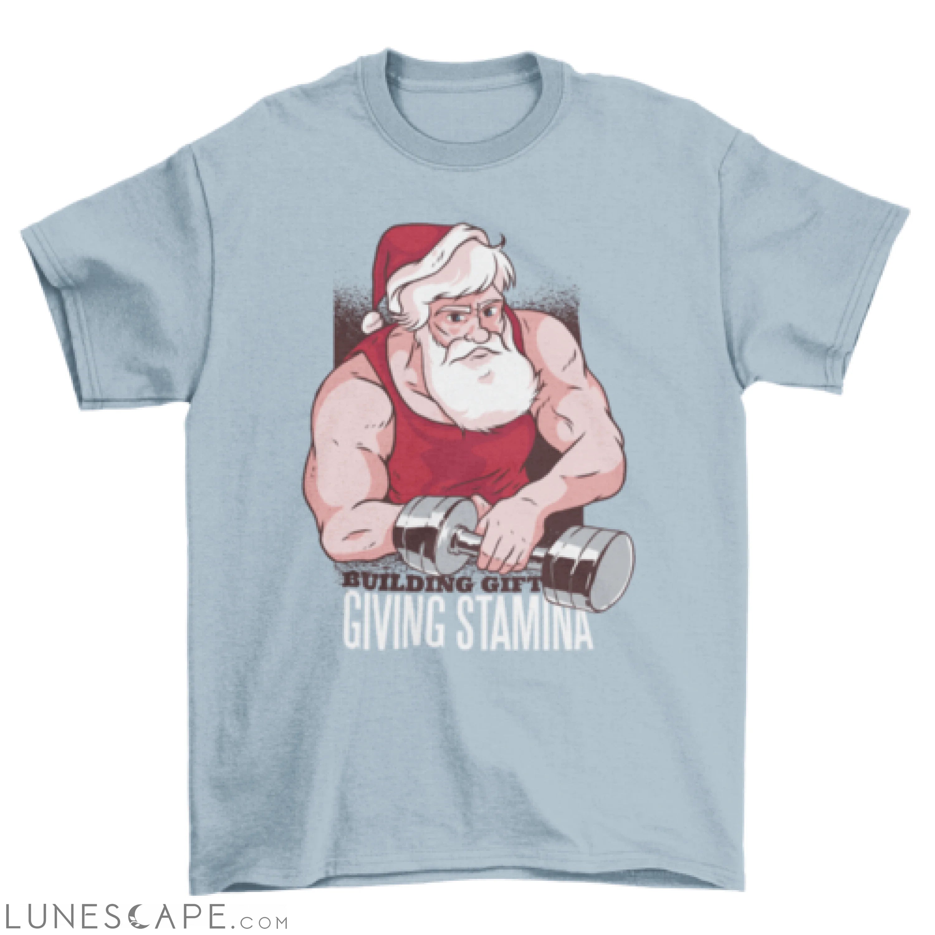 Buff Santa at the Gym with dumbbell and text Building gift giving LUNESCAPE