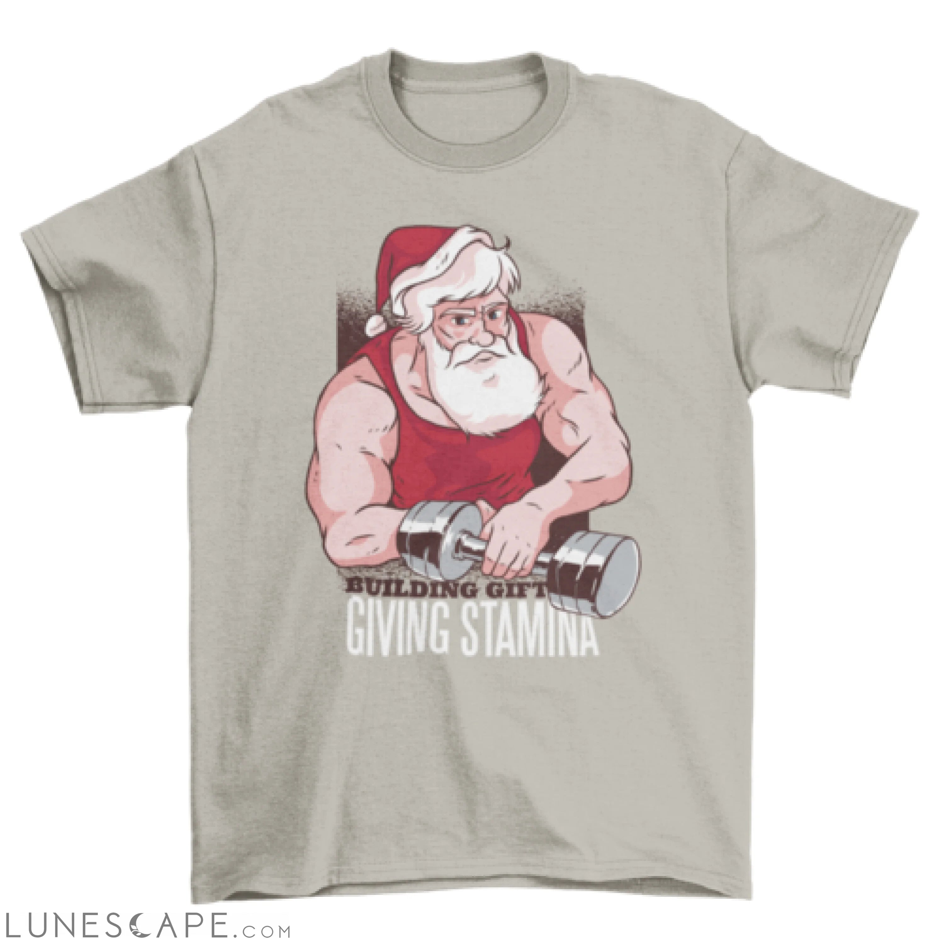 Buff Santa at the Gym with dumbbell and text Building gift giving LUNESCAPE