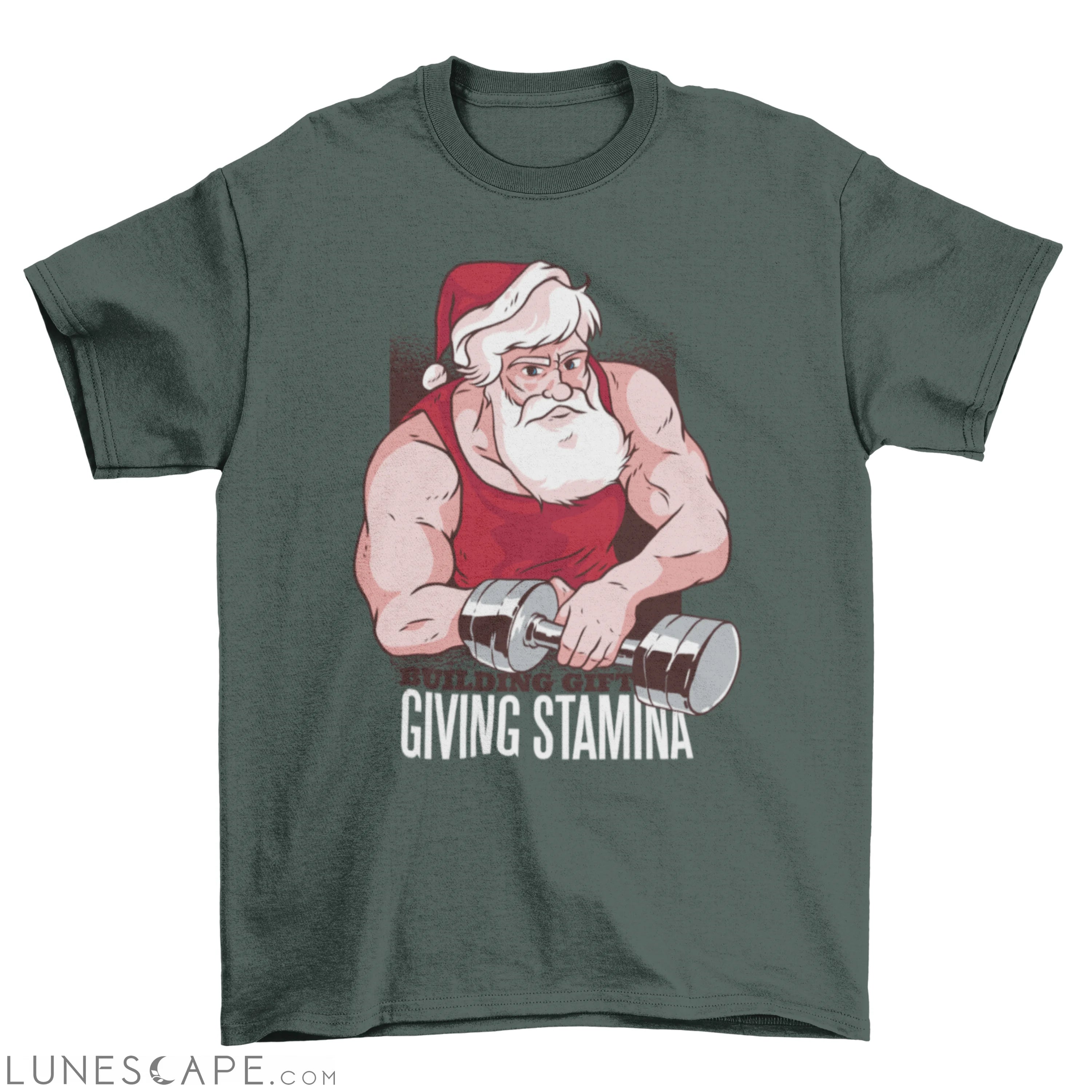 Buff Santa at the Gym with dumbbell and text Building gift giving LUNESCAPE
