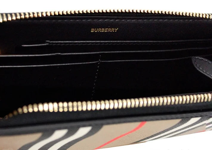 Burberry Ellerby Black Leather Icon Stripe Canvas Zip Around Continental Wallet LUNESCAPE