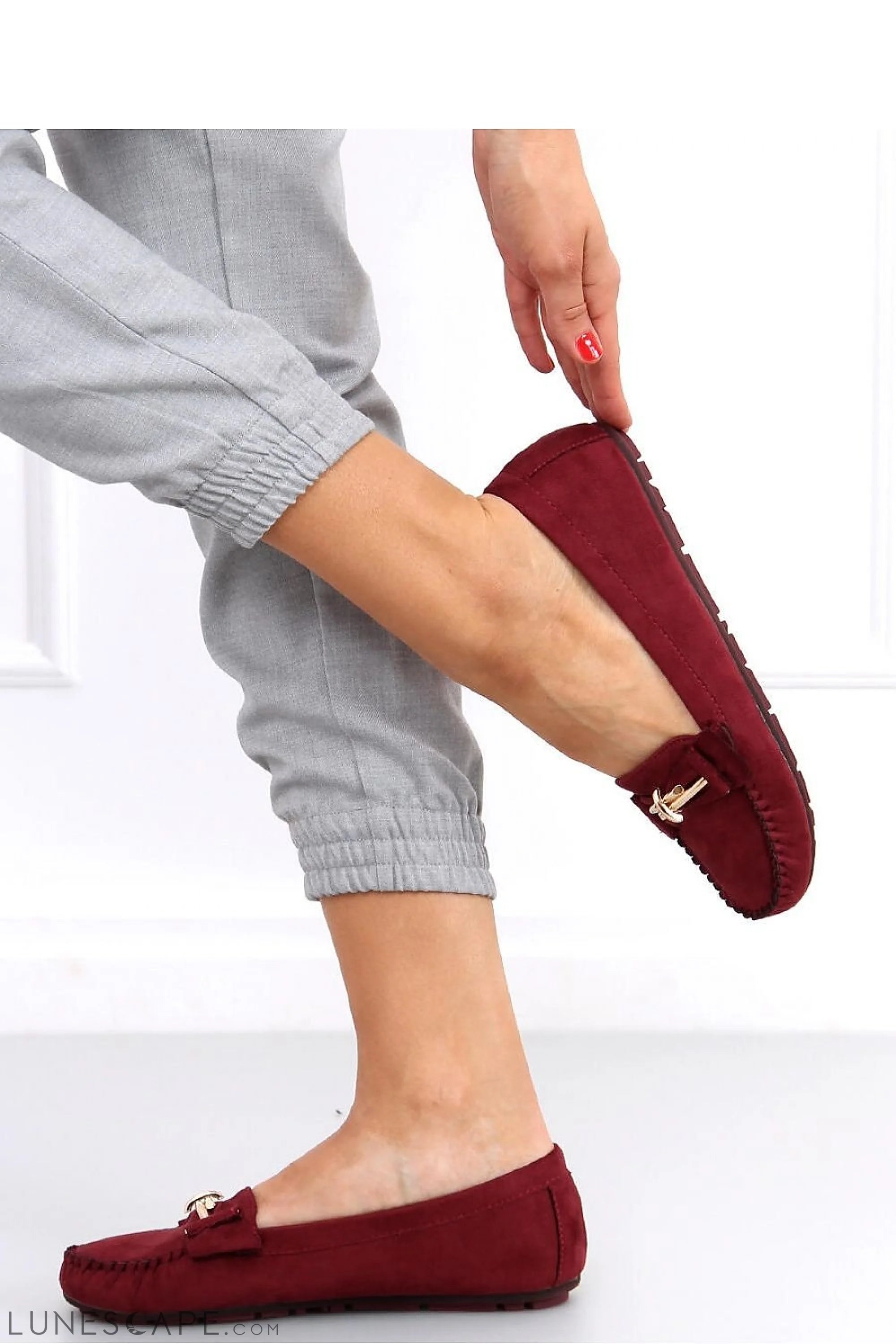 Burgundy Suede Loafers – Women's Almond Toe with Gold Bar and Whipstitch Detail LUNESCAPE